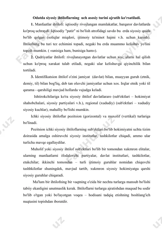 jtimoiy guruhlar nomidan chiquvchi tashhkilotlar shuningdek, mavjud tartib, xukmron siyosiy hokimiyatga qarshi siyosiy guruhlar chiqaradi. ma'lum bir ihtilofning bir vaqtning o'zida bir nechta turlarga mansub bo'lishi tabiiy ekanligini unutmaslik kerak. ihtiloflarni turlarga ajratishdan maqsad bu sodir bo'lib o'tgan yoki bo'layotgan voqea – hodisani tadqiq etishning boshlang'ich nuqtasini topishdan iboratdir. qolaversa, nazariy va amaliy jihatdan ihtiloflar xukumlash konfliktlarni bartaraf etishidagi boshlang'ich omil ekanligiga qarab uning yuzaga kelishi, rivojlanib borishi va muxtasar holatidan baxs etishimiz mumkin. ijtimoiy muhitda ihtilofning yuzaga keltirgan sababni asoslash o'ta mushkul va chigal vazifa. har bir ijtimoiy harakat o'ziga xos xususiyatlarga ega. buning ustiga uning chegarasiga ko'plab qarama - qarshi hodisalar ham tutashgan bo'ladi. ihtilof anna shu tutashuv chizig'iga ta'sir etuvchi ob'ektuv va sub'ektuv sabablari asosida yuzaga keladi.ihtilofni yuzaga keltirgan o'sha obektiv va subektiv sabablarni tahlil etish uchun hodisalar va insonlar o'rtasidagi bog'liqlikni tadqiq etish zarur. ommaviy ihtiloflar motivatsiyasi shuni ko'rsatadiki , ihtilof orqasida ijtimoiy hayotning u yoki …