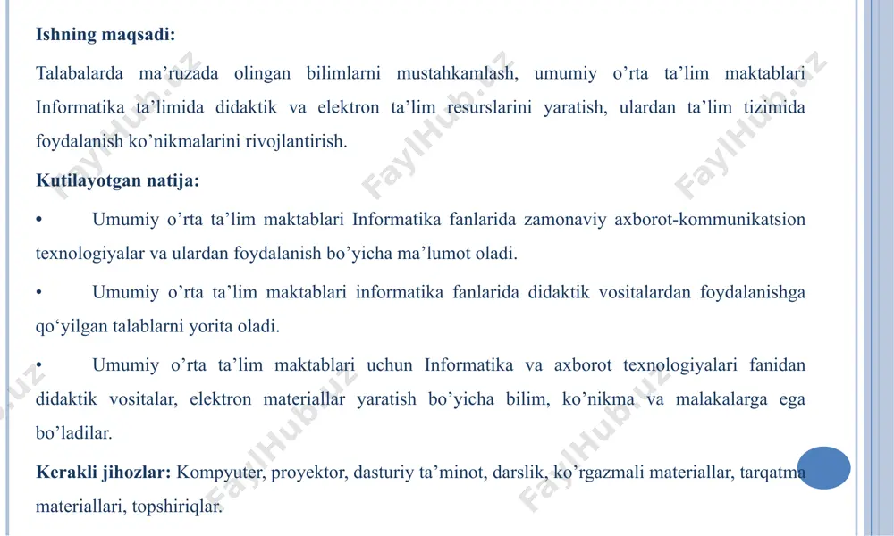 arga: – rasm, matn, video va kodlar yaratish; – mustaqil bajarish uchun vazifa (savol-javob, qisqa javob, kengaytirilgan javob, namoyish etish, bir necha javobni to‘g‘ri tanlash, savol-javob “to‘g‘ri-noto‘g‘ri”); – qo‘shimcha savollar (audiojavob, tasnif, ketma-ketlikni belgilash) kabi topshiriqlarni berishi mumkin. yodingizda bo‘lsin, qo‘shimcha savollar funksiyasi faqat pullik versiyada ishlaydi! informatika va at fanlarini o’qitishda pedagogik dasturiy vositalardan foydalanish. fanlardan biror-bir mavzu bo’yicha interaktiv plakatlar va illyustratsiyalar yaratish uchun “learningapps”, “thinglink”; mental kartalar – “wisemapping”, so’zlar buluti klasterlari – “word it out!” va boshqa dasturlardan foydalanish mumkin. quyida informatika va at fanidan “ovozli va grafik axborotlarni kodlash va qayta ishlash” mavzusi bo’yicha “learningapps” da viktorina yaratilgan: interaktiv plakatlar va illyustratsiyalar yaratish https://learningapps.org/watch?v=p67knxgmj21 “assеsmеnt” mеtodi innovatsion texnologiyalar “blits-so‘rov” metodi edpuzzleda didaktik material tayyorlash edpuzzle.com bosh sahifasi. bu yerda ro’yxatdan o’tamiz (sign up) (agar ro’yhatdan o’tgan bo’lsak, log in orqali kiramiz. edpuzzleda ro’yhatdan o’tish edpuzzleda ro’yhatdan o’tish edpuzzle da interaktiv video yaratish dars haqidagi fikrlaringiz …