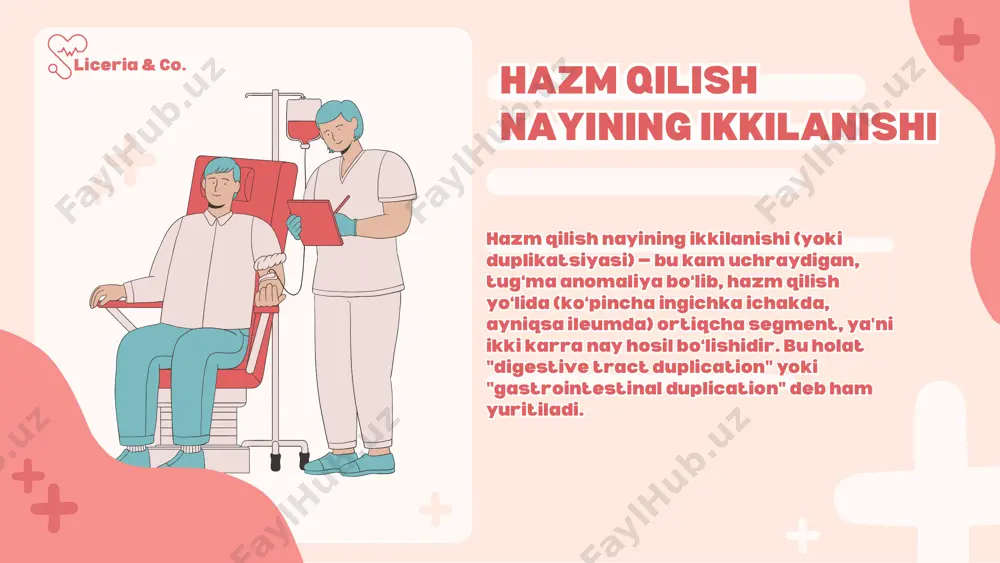 uviga ko‘ra turlari: joylashuviga ko‘ra turlari: xususiyatlarixususiyatlari sistik duplikatsiya (cystic duplication) sistik duplikatsiya (cystic duplication) kommunikatsiyali va kommunikatsiyasiz duplikatsiyalar kommunikatsiyali va kommunikatsiyasiz duplikatsiyalar tubulyar duplikatsiya (tubular duplication) tubulyar duplikatsiya (tubular duplication) havolali (y’-shaped) duplikatsiya havolali (y’-shaped) duplikatsiya turlariturlari eng ko‘p uchraydigan tur (~80%). ichki qismi yopiq bo‘ladi, ya’ni hazm yo‘li bilan aloqa qilmaydi. odatda bir tomonga yopishgan (ko‘pincha ichakka). ichida shilliq yoki suyuqlik to‘planadi. infeksiya, bosim, yirilib ketish kabi asoratlar keltirishi mumkin. eng ko‘p uchraydigan tur (~80%). ichki qismi yopiq bo‘ladi, ya’ni hazm yo‘li bilan aloqa qilmaydi. odatda bir tomonga yopishgan (ko‘pincha ichakka). ichida shilliq yoki suyuqlik to‘planadi. infeksiya, bosim, yirilib ketish kabi asoratlar keltirishi mumkin. sistik duplikatsiya (cystic duplication) sistik duplikatsiya (cystic duplication) tubulyar duplikatsiya (tubular duplication) tubulyar duplikatsiya (tubular duplication) nay shaklida bo‘ladi va ikki uchidan ham ichakka tutashgan bo‘ladi. harakatchanlik borligi uchun ichak tutilishiga olib kelishi mumkin. nay shaklida bo‘ladi va ikki uchidan ham ichakka tutashgan bo‘ladi. …
