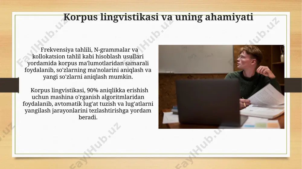 to va kamchiliklarni aniqlashda samaradorligi 70% atrofida. kompyuter leksikografiyasining kelajagi kelgusi 5 yilda kompyuter leksikografiyasi sohasida 500 dan ortiq yangi vositalar va dasturlar paydo bo'lishi kutilmoqda, bu esa lug'at yaratish jarayonini tezlashtiradi va soddalashtiradi. semantik tahlil va ko'p tilli lug'atlar yaratishda neyron tarmoqlarning qo'llanilishi so'zlarning ma'no va kontekstini aniqlash aniqligiga 20% gacha yaxshilanishini ta'minlaydi, bu esa lug'atlarning sifatini oshiradi. sinonimlar va antonimlarni aniqlash antonimlarni aniqlashda, algoritmlar qarama-qarshilik darajasini (masalan, 1-5 ball) hisoblab, so‘zlar orasidagi semantik munosabatlarni tahlil qiladi va taxminan 70% aniqlikka erishadi. kompyuter leksikografiyasida sinonimlarni aniqlashda ma’lumotlar bazasida kamida 10 000 so‘zning kontekstual tahlili va 0.8 dan yuqori o‘xshashlik koeffitsientiga ega bo‘lishi kerak. kompyuter leksikografiyasi ta'rifi kompyuter leksikografiyasi lug'at yaratish va tahrirlashda kompyuter texnologiyalaridan, jumladan, korpuslarni tahlil qilish, statistik usullar va sun'iy intellektdan foydalanishni o'z ichiga oladi, bu esa 100 000 dan ortiq so'zlarni qayta ishlashga imkon beradi. kompyuter leksikografiyasi, morfologiya va sintaksis qoidalarini hisobga olgan holda, 20 dan …