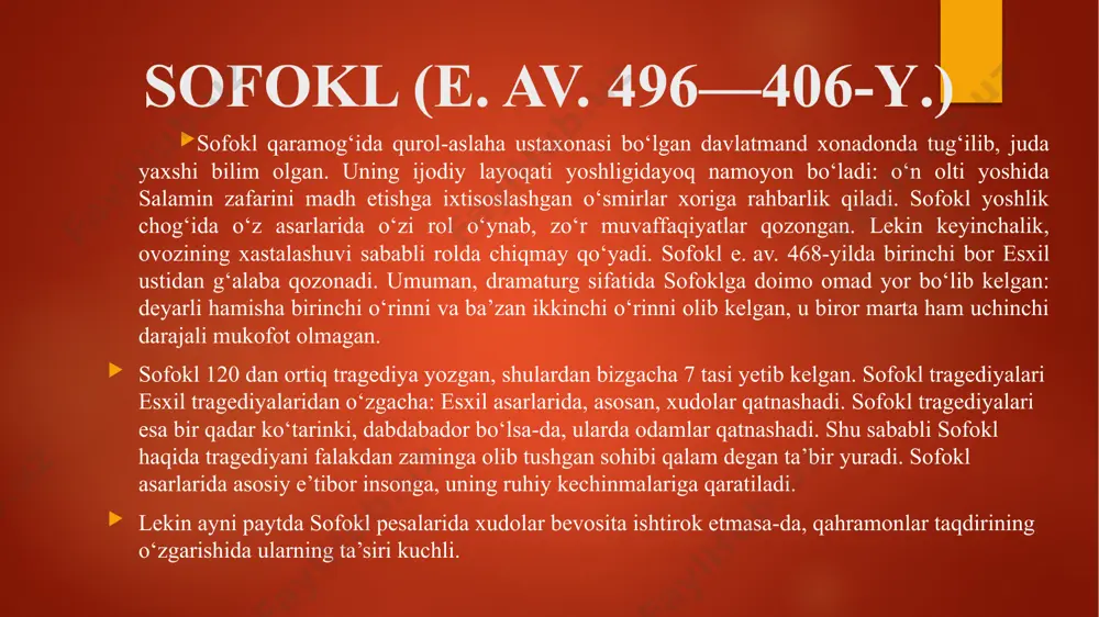 rivoyatlar yotadi: edip o‘zi bilmagan holda otasini o‘ldirib, onasiga uylanadi. otaning o‘limi va ona bilan tutinmish nikoh «tarixi» oxiri ochiladi: edip esa o‘z ko‘zini o‘yib oladi va yurtdan bosh olib chiqib ketadi. rivoyatning shu qismi «shoh edip» asari mundarijasini belgilab bergan. uzoq darbadarlik, azob-uqubatda gunohi to‘kilib, xudolar oldida yuzi yorug‘ bo‘lgan edip afinaning bir chetida — kolonda osongina olamdan o‘tadi, jafokashning qabri afina tuprog‘i uzra madad tayanchi bo‘lib qoladi. «edip kolonda» tragediyasida shu haqda hikoya qilingan. uchinchi — «antigona» asari voqealari afsonaning xotima qismidan olingan. bu yerda edipning o‘g‘illari — eteokl va polinik orasida taxt uchun kurash yo‘lida sodir bo‘lgan ayanchli qotillik, har ikkovining yakkama-yakka olishuvda bir-birini o‘ldirishi va polinik­ning singlisi antigona tomonidan dafn etilishi haqida so‘z boradi. pesa voqeasi fivaning yangi hukmdori kreontni vatan fidoyisi eteokl jasadini izzat-ikrom bilan dafn etish, o‘zga yurt qo‘shinlarini ona shahriga olib kirgan polinik jasadini dasht-biyobonga eltib, quzg‘unlarga yem qilish haqida amr-farmon chiqarishi damlaridan …