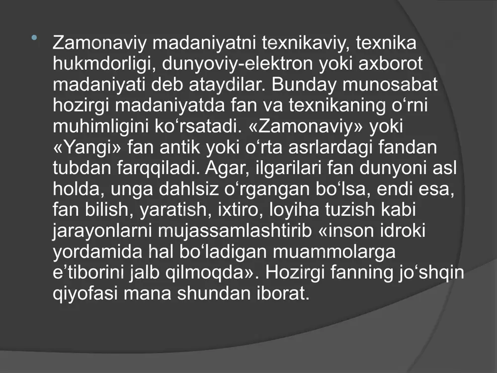 qonunlarini -»tabiiy-muvofiq» tamoyili asosida tushuntirishga asoslanish; 2. insonni muammolar markazi qilib olish (antropotsentrizm) – insonga tabiatning toji sifatida qarash; 3. aqliy tafakkur (rasionalizm)- inson idrok va zakovat orqali atrof muhitni, o‘z-o‘zini biladi deb hisoblash; uyg‘onish davri madaniyati yaratgan asosiy qadriyatlar keyingi asrlar yevropa madaniyati asosini belgiladi. uning keng rivojlanishi natijasida xvii asrda «ilmiy inqilob», xviii asrda ma’rifatparvarlik g‘oyalarining tarqalishi va sanoat inqilobi boshlanishiga, nihoyat, xix-xx asrlar davomida madaniyatning klassik texnikaviy shaklidagi yutuqlarga olib keldi. xvii asrda fan yevropaliklar hayotiga, jamiyat ishlab chiqarishining barcha tizimlarini rivojlantirish va me’yorida faoliyat ko‘rsatishning tabiiy va zaruriy sharti bo‘lib maxsus ijtimoiy institut sifatida jadal kirib keldi. qadimgi paravoz tezyurar poyezdlar yevropa va shimoliy amerikaning ko‘plab mamlakatlarida xix asrning o‘rtalarida industrlashtirish yoki sanoat burilishi nihoyasiga yetdi. rasionalizm va utilitarizm (manfaatparastlik) ning madaniyatdagi belgilovchilik o‘rni fan va texnika taraqqiyotiga yangi turtki berdi. oddiy to‘quv dastgohi «jenni» dan j. uattning bug‘ mashinasi (1784 yil) va r. fultonning bug‘ …