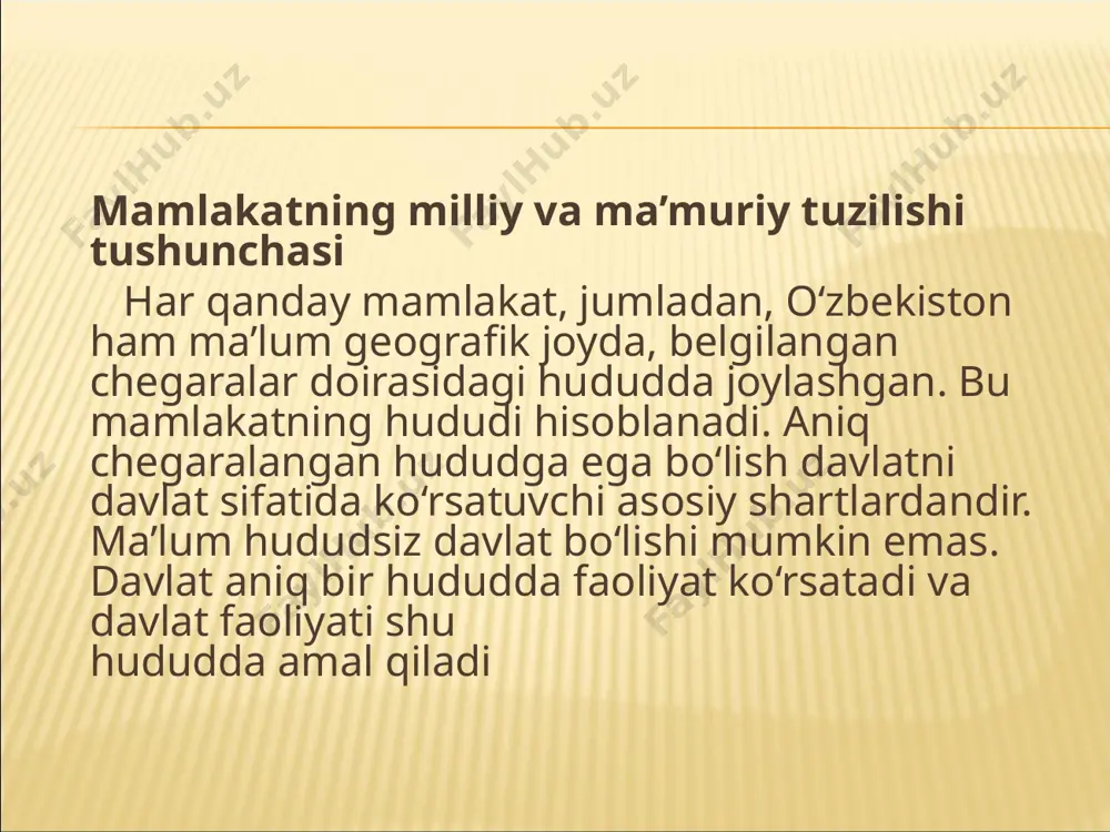 y tuzilishi o‘zbekiston respublikasi konstitutsiyasining alohida to‘rtinchi bo‘limi va uning ikki bobi (xvi, xvii - boblar) ma'muriy-hududiy va davlat tuzilishi masalalariga bag‘ishlangan. uning alohida-alohida moddalarida ma'muriy-hududiy tuzilish masalalari huquqiy tartibga solingan. har bir mamlakat ma'muriy-hududiy tuzilishini belgilashida, butun hududni boshqarishga oson bo‘lishi, markaz ta'sirini joylarda samarali bo‘lishi, xalqni davlat organlariga yaqin bo‘lishi, ishlab chiqarishni tashkil etishini unumli, arzon samarali bo‘lishi, sanoatni hom ashyo bilan ta'minlash darajasini, aholini urf odatlari, qadriyatlari, tarihiy tajribasini hisobga oladi va o‘ziga ma'qul ma'muriy-huddudiy qismlar o‘rnatadi. ma'muriy-hududiy tuzilish konstitutsiyaviy huquqiy normalar asosida hal qilinadigan ijtimoiy munosobatlar qatoriga kiradi. shuning uchun o‘zbekiston respublikasi konstitutsiyasi 68-moddasida “o‘zbekiston respublikasi viloyatlar, tumanlar, shaharchalar, qishloqlar, ovullar, shuningdek qoroqolpog‘iston respublikasidan iborat” – deb belgilangan. bu birinchidan o‘zbekiston hududi nimalardan iborat bo‘lishini, ikkinchidan o‘zbekiston hududini qanday ma'muriy birliklardan tashkil topganini ko‘rsatadi. ma'muriy-hududiy birliklarni tashkil etish, tugatish konstitutsiyaning 69-moddasida “qoraqolpog‘iston respublikasi, viloyatlar, toshkent shahrinig chegaralarini o‘zgartirish, shuningdek viloyatlar, shaharlar, tumanlar tashkil qilish va ularni …