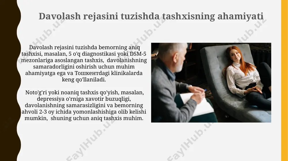 ng so'zlarini va xatti-harakatlarini kuzatish orqali 3 ta asosiy belgini aniqlash qo'llaniladi. transfer hodisalarining intensivligi va turini aniqlash uchun, lozanna universiteti psixologlari tomonidan ishlab chiqilgan 4 bosqichli shkala, bemorning ongsiz xotiralari va his-tuyg'ulariga asoslangan holda qo'llaniladi. e'tiboringiz uchun rahmat @taqdimot_robot image1.jpg image2.jpg image3.jpg image4.jpg image5.jpg image6.jpg image7.jpg image8.jpg image9.jpg image10.jpg image11.jpg image12.jpg
