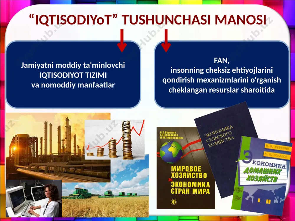 i xalqaro savdo makroiqtisodiyoti butun mamlakat iqtisodiyotini o'rganadi . tashqi ta'sirlar - ularga ijobiy yoki salbiy ta'sir. berilgan mahsulotni ishlab chiqarish yoki iste'mol qilishda kim ishtirok etmaydi. masalan: sanoat majmuasi uchun yo'llar qurilishi yondosh qishloq xo'jaligi korxonalari va fermerlarning daromadlariga ijobiy ta'sir qiladi - chunki ularning mashinalari ham shu yo'llar bo'ylab harakatlanadi. 15 jahon iqtisodiyoti jahon xo’jaligining rivojlanish qonuniyatlarini iqtisod fanining mustaqil bo’limi – jahon (xalqaro) iqtisodiyoti o’rganadi. uning tadqiqot mavzusi tovarlar va xizmatlarning xalqaro savdosi, kapital harakati, fan va texnologiya sohasidagi almashinuv, xalqaro valyuta munosabatlari va boshqalar bo'lishi mumkin. mashq: a) tadbirkorlik bitimini tuzish shartlari b) xalqaro valyuta bozorining aylanmasi v) ishlab chiqaruvchilar o'rtasidagi raqobat d) iqtisodiy o'sish sur'atlarining pasayishi e) xalqaro mehnat taqsimotini chuqurlashtirish e) aholi bandligi g) korxona rentabelligi h ) inflyatsiya darajasi va darajasi i) neft sanoatida ish haqining o'sishi sabablari j) mamlakatning tashqi savdo siyosati k) yog'ochni qayta ishlash korxonasining xarajatlari moslik: mikroiqtisodiyot makroiqtisodiyot jahon …