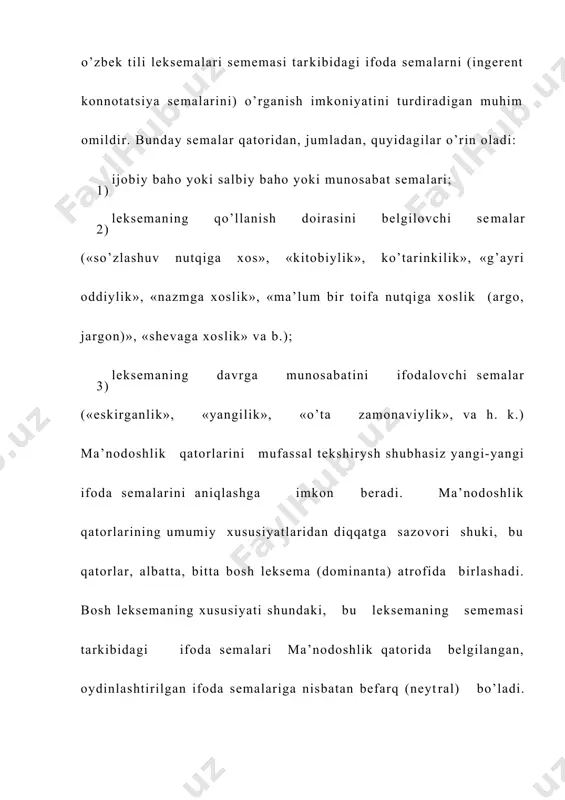 so’zlarning nutqiy ko’chma, ma’nolari bilan bog’lanib, o’z qatorini nutqiy ma’nodoshlik (kontekstual sinonimiya) vositalari bilan kengaytirib boradi. masalan, o’zbek tilining ma’nodosh leksemalar lug’atida [sevgili] bosh leksemasi ma’nodoshlik qatorida [mahbuba], [yor] [nigor], [dildor] kabi leksemalarni ko’rsatadi. naz-miy nutqda esa shu tushunchani yuzdan ortitsturlicha so’z​lar ifodalay oladi. bulardan ayrimlari: (dilbar), (dilrabo,) (dilju), (dilnavoz), (dilorom), (dilso’z), (diliston), (dilband). bular (dil-)— bosh qismi faqat (dil-) bilan kelgan so’zlar. xuddi shunday so’zlarni (gul-), (-pesha), (be-), (lik) va h. k. tarkibiy qismli so’zlar ichida ham topish mumkin. bular o’zbek tilidagi [sevgili] leksemasining nutqiy ma’nodoshlaridir. ma’nodoshlik qatorining yuqorida ko’rib o’tilgan atash va vazifa semalari bir xil, ifoda se​malari farqli bo’lgan turidan boshqa yana bir turli ma’nodoshlik mavjud. lekin ko’pgina tadqiqotchilar bunday qatorlarni ma’nodoshlik deb hisoblamaydilar va leksemalarning mazmun guruhlarini alohida-alohida lmg lari deb baholaydilar. bular narsa-buyum, belgi, harakat-holatni turlicha darajalab atovchi [ninni}— [chaqaloq] — [go’dak]—[bola] ...kabi lek​semalar guruhidir. biz bunday ma’no munosabatlarini mazmuniy darajalanish (graduonimiya) deb atagan edik. …