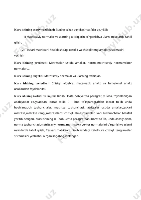 r matritsa, (m x 1) odchamli matritsaga esa ustun matritsa deyiladi, ya’ni f a ^ ( ^ = («11«12 ••• «j, ) ( l = ) ( a ) ( 21 )aii v am1 у bundan tashqari ba’zida bu matritsalar mos ravishda satr-vektor va ustun- vektor deb ham ataladi. vektorlaming elementlari esa ularning komponentlari deyiladi. har bir elementi nolga teng bodgan, ixtiyoriy odchamli matritsaga nol matritsa deb aytiladi va quyidagi ko‘rinishda bodadi: ^ 0 0. . 0 ^ 0 0. . 0 v 0 0. . 0> в = 2- ta’rif. agar a va b matritsalarning barcha mos elementlari o‘zaro teng bodsa, bunday matritsalar teng deyiladi va a = b ko‘rinishda yoziladi. 3- ta’rif. agar a matritsaning ustunlar soni b matritsaning satrlari soniga teng bodsa, a matritsa b matritsa bilan zanjirlangan matritsa deyiladi. 4- ta’rif. ham satrlar soni,ham ustunlar soni n ga teng bodgan, ya’ni(n x n) odchamli matritsaga n …