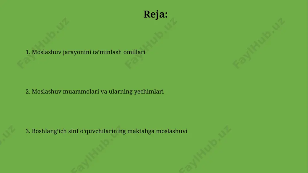arning kayfiyatiga va o'qishga bo'lgan qiziqishiga ta'sir qiladi; masalan, 2023-yilda namanganda yangi qurilgan maktablarning o'quvchilarining o'qishga bo'lgan motivatsiyasi 15% ga oshgan. moslashuv jarayonining bosqichlari moslashuvning dastlabki bosqichi (1-3 hafta) o'quvchilarning yangi muhitga, sinfdoshlarga va o'qituvchilarga odatlanishi bilan tavsiflanadi, ba'zi bolalarda, ayniqsa toshkent shahri maktablarida, bu jarayon 4 haftagacha cho'zilishi mumkin. ikkinchi bosqich (4-8 hafta) ijtimoiy munosabatlarning rivojlanishi va o'quv jarayoniga faolroq qo'shilishi bilan belgilanadi, 70% o'quvchilar bu bosqichni muvaffaqiyatli o'tkazadilar. samarali moslashuv strategiyasi samarali moslashuv strategiyasi sifatida, toshkentdagi 150-maktabda o'tkazilgan tadqiqotlar shuni ko'rsatdiki, 70% o'quvchilar ijtimoiy-emotsional ko'nikmalarni rivojlantirish dasturlaridan foydalanib, maktabga moslashuvlarini 2 oy ichida sezilarli darajada yaxshilaganlar. 2023-yilda namangan shahrida amalga oshirilgan loyiha, 100 nafar birinchi sinf o'quvchilariga o'yin terapiyasi orqali moslashishni o'rgatdi, natijada 85% o'quvchilar maktabga salbiy munosabatni ijobiyga o'zgartirgan. moslashuv muammolarining oldini olish мактабгача тарбия муассасаларида 5 ёшдан 7 ёшгача бўлган болаларнинг 70% ижтимоий мослашувида муаммоларни камайтириш учун ўйин терапияси ва ота-оналар билан ўзаро ҳамкорликни кучайтириш зарур. …