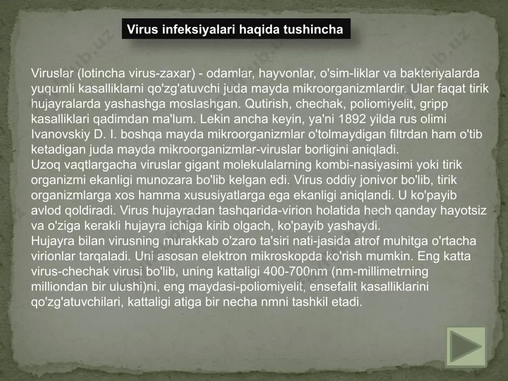 pishib oladi va asta-sekin uning ichiga kira boshlaydi. hujayra ichida virionning oqsil pardasi parchalanib, ichidagi nuklein kislota ajraladi. shu davrdan virusli infeksiyaning yashirin davri boshlanadi. bu davrda zararlangan hujayradagi virusni xech qanday usul bilan aniqlab bo'lmaydi. virusli nuklein kislota hujayradagi fermentlardan foydalanib o'zining kelgusi avlodini shakllantiradi va ko'paya boshlaydi. virus infeksiyasining formasi murakkab va xilma-xildir. ba'zi hollarda hujayrada kasallik tez avj olib, hujayrani nobud qiladi. boshqa hollarda esa u hujayra ichida go'yo yo'qolib ketgandek uzoq yillar harakatsiz yotadi. virus bilan hujayra o'rtasidagi ta'sirning birinchi tipi tez keluvchi, litik infeksiya deb atalsa, ikkinchisi-latent, surinkali yoki niqoblangan infeksiya deb ataladi. surinkali shaklda yashab, hujayra ichida uzoq muddat hara-katsiz yotadigan ba'zi viruslar organizm darmonsizlanganda, kishi sovqatganda va boshqa hollarda kasallik keltirib chiqa-rishi mumkin. immuntanqislik holati va uning guruxlari immun sistemaning bir yoki bir necha omillarini yo'qolishi yoki kamayishi ko'rinishda yuzaga keladigan holatlar immuntan-qislik deb yuritiladi. kelib chiqish sabablariga ko'ra birlamchi, ya'ni tug'ma va …