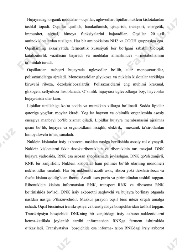 en tomonidan yaratilgan. uning qis- qacha mazmuni: (1-rasm). 1. hujayra barcha tirik organizmlarning tuzilish birligihisoblanadi. 2. hujayraning hosil bo‘lishi o‘simlik va hayvonlarningo‘sishi, rivojlanishi va takomillashishini ta’minlaydi. hujayra biologiyasining taraqqiyoti hujayra nazariyasiga bir qancha o‘zgartirishlar kiritishga sababchi bo‘ldi. keyingi olingan ma’lumotlar asosida hozirgi vaqtda hujayra nazariyasi quyidagicha ta’riflanadi. 1. hujayra tiriklikning tuzilishi, funksiyasi va rivojlanishinieng kichik birligidir. 2. har bir hujayra bo‘linish yo‘li bilan ko‘payadi. yangihujayralar dastlabki hujayralarning bo‘linishi tufayli hosil bo‘ladilar. 3. ko‘p hujayrali organizmlar hujayralarining o‘xshashligiularning tuzilishi, funksiyasi bilan kimyoviy tarkibida ham namoyon bo‘ladi. 4. ko‘p hujayrali organizmlarda har xil ixtisoslashganhujayralar birgalikda to‘qimalarni hosil etadi. 5. hujayraviy tuzilish irsiy axborotning saqlanish va nasl- larga berilishini ta’minlaydi. iii. ko‘payish. barcha organizmlarning o‘ziga xos nasllarini hosil qilish xususiyati ko‘payish deb nomlanadi. ko‘payish jinssiz va jinsiy ko‘payishga ajraladi. a. jinssiz ko‘payish hujayra, organizmning ikkiga bo‘linishi, kurtaklanish, spora hosil qilish, shizogoniya va vegetativ organlarning ko‘payishi tufayli amalga oshadi. botanika va zoologiyadan bir hujayrali …