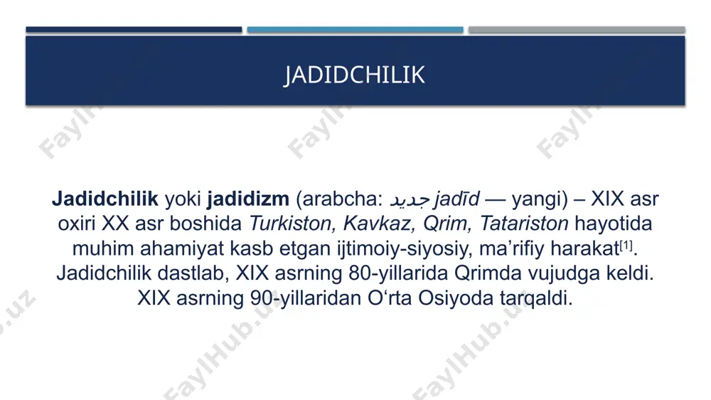 avvaliga past boʻlgan. jadidlar iqtisod va boshqaruv sohasida bir qator talablar, chunonchi, soliqlarni kamaytirish talabi bilan chiqishdi. ular dastlab buxorodagi amirlik tuzumi doirasida islohotlar joriy qilmoqchi boʻlishdi. buxoroda vobkentlik dehqon joʻraboy ilk yangi usul maktabini ochgan edi. buxorodagi jadidchilik harakatiga ayrim johil mullalar, har qanday yangilik va islohotlarning dushmani boʻlgan qadimchilar oqimi qarshi chiqdi. xx asr boshlarida buxoro jamiyati 2 guruhga: ikrom domla rahbarligidagi taraqqiyparvarlar va mulla abdurazzoq boshchiligidagi qadimchilarga boʻlingan edi. 1908-yil „buxoroi sharif shirkati“ tuzilib, darsliklar nashr etish va kitob savdosi bilan shugʻullandi. ushbu insonlar shirkatning tashkilotchilari edi: 1909-yil dekabrda jadidlar buxoroda „tarbiyai atfol“ („bolalar tarbiyasi“) maxfiy jamiyatini tuzishdi (asoschilari: abdulvohid burhonov, homidxoʻja mehriy, ahmadjon hamdiy, mukammil burhonov,hoji rafe). bu jamiyat turkistonlik va buxorolik yoshlarni istanbuldagi„buxoro taʼmimi maorif jamiyati“ boʻlimiga oʻqishga joʻnatdi. xorijdagi taʼlim yoshlar dunyoqarashida tubdan burilish yasadi. jadidchilik buxoro va turkistonda bir vaqtda boshlangan boʻlsa ham, amirlikdagi ogʻir muhit uning taraqqiyotini tezlashtirdi. 1910-yildan boshlab buxoroda jadidchilik …
