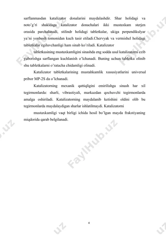 anta sifatida ishlatiladi. shu prinstip gidrotozalash va riforming katalizatorlarning stibilligini aniqlashda ishlatiladi. stibillikdan tashqari katalizatorni o’zok vaqt ekspluatastiya kilishni xarakterlaydigan ko’rsatgichlardan biri bo’lib uni regenerastiyalash oraligidagi ishlash kobiliyati hisob lanadi. katalizatorni uzok vaqt ishlash yoki ishlamasligiga uning yuzasiga koksni qoplanishi ham sababchi bo’ladi. regenirlash (aktivlash, aktivligini qayta tiklash) - bu katalizatorni maxsus qayta ishlagandan (toblangandan) keyin o’z aktivligini qayta tiklash xususiyatlariga aytiladi. kislorod ( yoki havo ) yoki havoning suv bug’i bilan regenerirlash 400- 500 0 s da olib boriladi. regenerastiyaning yuqori chegarasi katalizatorni termik barqarorligini hisobga oladi va shuning uchun odatda 700-7500s dan yuqori bo’lmaydi. katalizatordagi kokssimon moddalarning tarkibi va katalizatorning strukturasiga bog’lik holda regenerastiyaning tezligi oksidlanish reakstiyasini tezligi (kinetik oblastda) va kislorodni katalizatorni ichki donachalariga etkazish tezligi bilan (ichki diffuziya oblasti) aniqlanadi. kokslashni kinetik sohasi quyidagi formula bilan ifodalandi. dck - ------- = kck * po2 diffuziya oblastida koks qavatma - qavat yonadi. oldin yuqori qismi, keyin pastki …