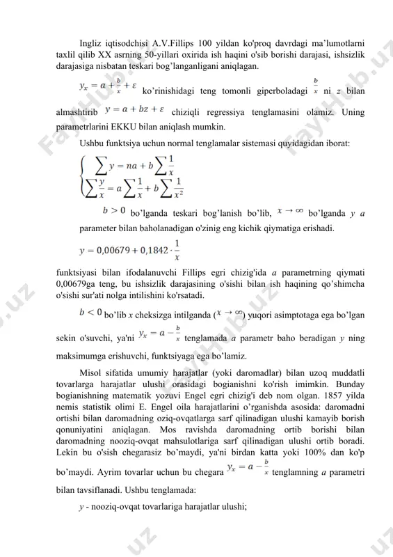mning a parametri bilan tavsiflanadi. ushbu tenglamada: у - nooziq-ovqat tovarlariga harajatlar ulushi; x - daromad. teng tomonii giperbolada a va b parametrlar quyidagicha hisoblanadi: engel egri chizig'ining modelini yozish uchun ko'rinishdagi yarim logarifinik funktsiyalar ham qo’llaniladi (1943 y.uorking va 1964 y. ni z bilan almashtirsak ko’rinishidagi tenglamani olamiz. ushbu funktsiya avvalgi funktsiya kabi parametrlar bo’yicha chiziqli, asosiy x o'zgaruvchi bo'yicha esa chiziqli emas. a va b parametrlarrii ekku yordamida aniqlash mumkin. bunda normal tenglamalar sistemasi quyidagicha bo’ladi: 4. chiziqsiz regressiya uchun korrelyatsiya chiziqsiz regressiya tenglamasi chiziqli boglanishi kabi bo’g’lanish zichligi ko’rsatkichi bilan to’ldiriladi. ushbu holatda bu korrelyatsiya koeffitsientidir: bu erda - y natijaviy belgining umumiy dispertsiyasi; – qoldiq dispersiya. korrelyatsiya koeffitsientini quyidagi ko’rinishda ham yozish mumkin: ushbu ko'rsatkichmng qiymati 0 va 1 oralig'ida yotadi, ya'ni ko'rsatkich qanchalik 1 ga yaqin bo'lsa o'rganilayotgan belgilar orasidagi bog’lanish shunchalik zich bo'ladi va tuzilgan regressiya tengiamasi shunchalik haqiqatga yaqin bo'ladi. mustaqil ishlash uchun …