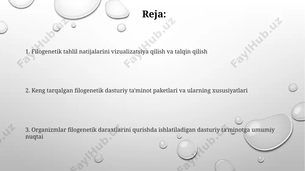 pgma va neighbour-joining kabi fenetk usullarni qo'llab-quvvatlaydigan phylip dasturiy ta'minoti, 1000 dan ortiq taksonlar bilan ishlash imkoniyatini beradi va bootstrap tahlillarini o'tkazishga qodir. mega x dasturiy ta'minoti, foydalanuvchilarga turli xil masofaviy matritsalarni hisoblash va upgma, neighbour-joining kabi bir nechta fenetk usullaridan foydalanib filogenetik daraxtlarni qurish imkoniyatini beradi, shuningdek, 1000 dan ortiq belgilar bilan ishlashga qodir. filogenetik daraxtlarning turlari filogenetik daraxtlarning uchta asosiy turi mavjud: dendrogramma, kladogramma va filogramma, ular tugunlar orasidagi masofa yoki evolyutsion vaqtni ko'rsatishda farq qiladi. filogrammada, aksincha, shoxlar uzunligi organizmlar o'rtasidagi evolyutsion vaqtni yoki genetik masofani ifodalaydi, masalan, 10 million yilni ko'rsatishi mumkin. kladogramma organizmlar orasidagi filogenetik munosabatlarni ko'rsatadi, ammo shoxlar uzunligi evolyutsion vaqtni aks ettirmaydi, faqat 3 ta taksonning kladistik guruhini namoyish etadi. oqsil ketma-ketligi tahlili dasturlari mega x kabi dasturiy ta'minotlar filogenetik daraxtlarni qurish uchun turli xil algoritmlarni, jumladan, maksimal ehtimollik va bayesian usullarini qo'llaydi, natijada 100 dan ortiq taksonni qamrab olgan murakkab daraxtlar yaratilishi …