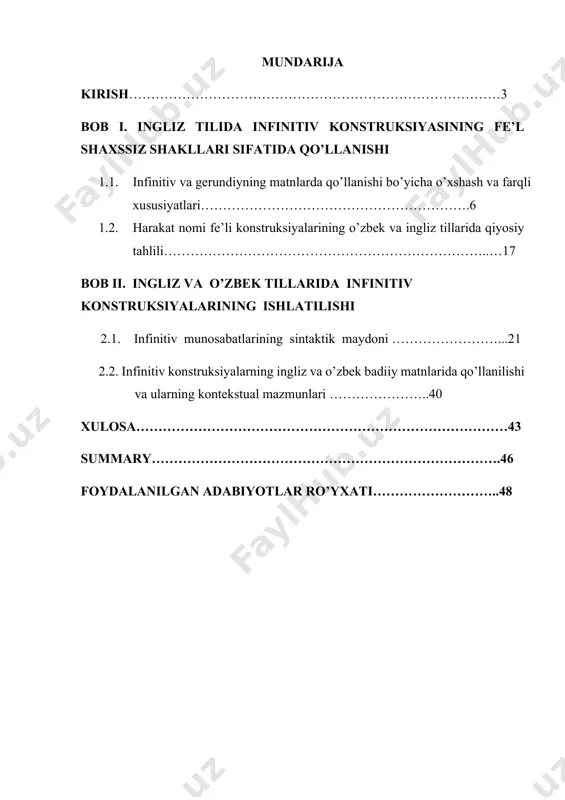 lidagi leksik va grammatik xususiyatlari va funksiyalarining aniqlanishi; 2. o’zbek va ingliz tilida infinitiv konstuksiyalarining qo’llanilishini qiyoslab tahlil qilish; 3. ingliz va o’zbek tillaridagi yoki ingliz tilidan o’zbek tiliga tarjima qilingan yoki aksincha badiiy asarlardagi mikromatnlarda qo’llanilgan infinitiv konstruksiyalarini tahlil qilish natijasida aniq tasniflarni ishlab chiqish; 4. o’zbek va ingliz tilidagi infinitive konstruksiyalarining o’xshash va farqli jihatlarini aniqlash; ilmiy ishda qo’llanilgan metodlar. ushbu bitiruv malakaviy ishida infinitiv konstruksiyalari, ularning gerundiyga o’xshash va farq qiluvchi tomonlarini yoritib berishda qiyosiy-tahlil, analiz va sintez, distributiv va komponent tahlil metodlaridan foydalanildi. ilmiy ishning nazariy va amaliy ahamiyati shundaki, ushbu ishning materiali infinitiv va infinitiv konstrukturalarining qo’llanishi va xususiyatlarini o’rganish jarayonlarida qo’llanilishi mumkin. shuningdek, fe’lning shaxssiz formalarini o’rganishga bag’ishlangan turli tadqiqot ishlari uchun umumiy o’quv qo’llanma sifatida ham samarali natija beradi. ilmiy ishning tuzilishi. ushbu bitiruv malakaviy ishi kirish, ikki bob (i bob. ingliz tilida infinitiv konstruksiyasining fe’l shaxssiz shakllari sifatida qo’llanishi, ii bob. ingliz …