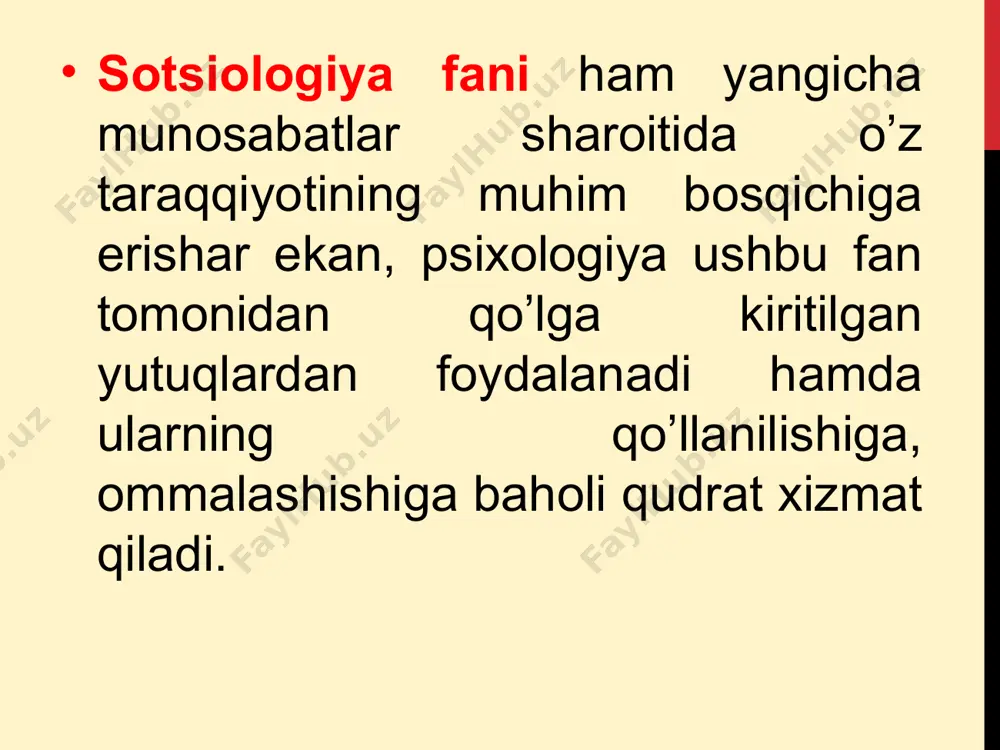 ov, s. buhler). zamonaviy biografik usullar shaxsni tarix kontekstida va uning shaxsiyatining rivojlanish istiqbollarini o'rganishga asoslangan. biografik usullardan foydalanish ma'lumot olishni o'z ichiga oladi, uning manbasi avtobiografik texnikalar (so'rovnomalar, intervyu, avtobiografiya), guvohlarning qaydlari, kundaliklar, mazmunini tahlil qilish va boshqalar. группы методов психологии б. г. ананьев (1907 — 1972) psixologiya metodlarining bir nechta tasniflari ma'lum, chunki metod va texnikalar har xil talqin qilinganligi sababli turli xil tasniflar paydo bo’lgan. rus psixologiyasining vakili b.g. ananyev (1907-1972) tomonidan ishlab chiqilgan juda qisqa, ammo to'liq rivojlantirilgan va ko'p qirrali tasniflardan biri keltiriladi. metodlarning birinchi guruhi qiyosiy longetyud kompleks emperik metodlar kuzatish; eksperiment test, so’rovnoma biografiya natijalari qayta ishlangan metodlar guruhi qayta ishlash soni; qayta ishlash sifati; psixologiya faning tarmoqlari * psixologiyaning 300 dan ortiq tarmoqlari fan sifatida rivojlanayotganligi hozirgi kunda psixologiyaning fanlar tizimida yanada mustahkamlanayotganligidan dalolat beradi: - umumiy psixologiya - psixologiyaning barcha masalalarining o'ziga xos jihatlarini o'rganadigan maxsus sohasi; - pedagogik psixologiya - …