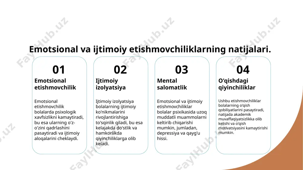 mumkin. 2 ijtimoiy etishmovchiliklar ijtimoiy etishmovchiliklar bolalar o'rtasida do'stlik va ijtimoiy munosabatlarni rivojlantirishga to'sqinlik qiladi. bu, o'z navbatida, ularning psixologik holatiga ta'sir ko'rsatadi. 3 madaniy omillar roli o'zbekistonda bolalar uchun psixik rivojlanishni qo'llab-quvvatlovchi madaniy omillar muhim ahamiyatga ega. an'analar va oilaviy qadriyatlar ularning istiqboli uchun zarurdir. e'tiboringiz uchun rahmat! /docprops/thumbnail.jpeg