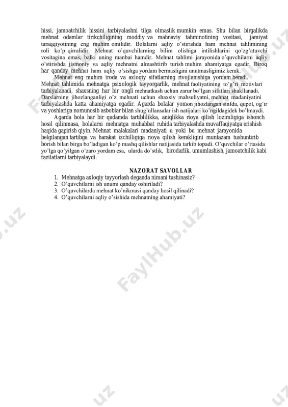 i mehnatga axloqiy va ruhiy tayorlash, o‟quvchilarni boshlang‟ich politexnik bilimlar bilan qurollantirish, mehnatga amaliy tayorlashlardan iboratdir. mehnatga axloqiy tayyorlash – o`quvchilarga jamoada ishlashni, o‟zaro do‟stona yordamni, ijodiy tashabbuskorlikni, tashkilotchilik qobiliyatlarini namoyish qilish, mehnat kishilari va mehnat natijalarini xurmat kilishga o‟rgatishdan iboratdir. mehnatga ruhiy tayyorlash. mehnatga ruxiy tayyorlash murakkab, uzoq davom etuvchi va ko‟p qirrali jarayon bo‟lib, u butun tahlim va tarbiyaga singib ketgandir. u garchi o‟ziga xos xususiyatlarga ega bo‟lsada mehnatga axloqiy tayyorlashga juda yaqindir. mehnatga ruhiy tayyorlash –o`quvchilarni mehnatga ruhiy tayyorlash va unda mehnatga nisbatan uning yoshiga mos keluvchi ongli va ijobiy musbatlarni tarkib toptirish, unda amaliy malaka va ko‟nikmalarni egallashga qiziqishini shakllantirishdan ibortadir. o‟qituvchining vazifasi o‟quvchilarga yoshligidan boshlab mehnatning yaxshi tomonlarini singidirishdir. bolalarni mehnatga qobiliyati har bir kishi uchun zarur bo‟lgan vositalarni ishlab chiqarishda qatnashish zarurligini anglashlari juda muhimdir. mehnat ruxiy tayyorlash turli psixologik jarayonlarni rivojlantirishni va takomillashtirishni nazarda tutadi. bular sezib-anglash, psixomotor, emotsional idrok, diqqat, xotira, taffakkur …