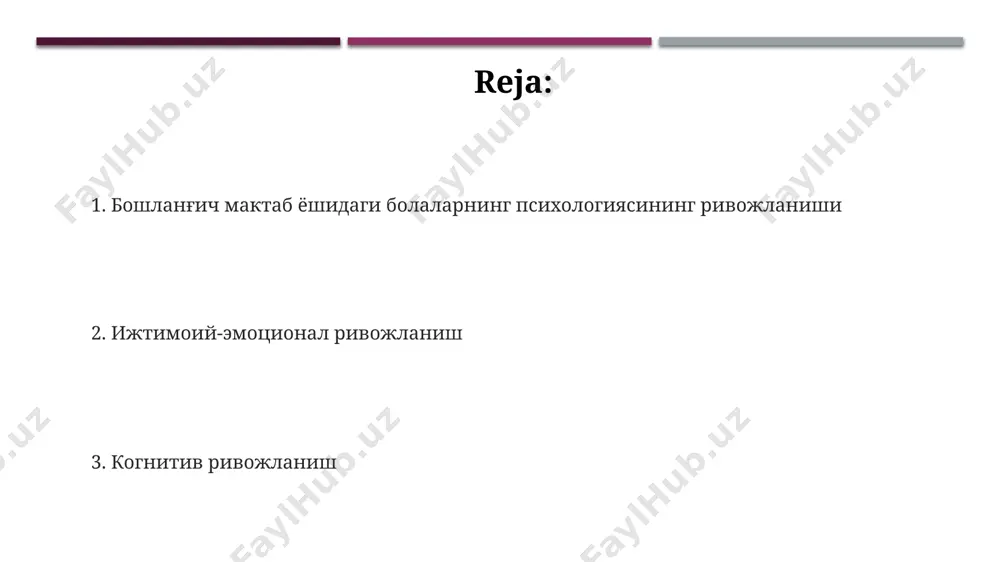 hi bolaning 6-7 ёшдаги когнитив ривожланишида конкрет операциялар даври бошланиши кузатилади, бу уларнинг 70% га яқин муаммони ечишда мантиқий фикрлаш қобилиятини ошишини билдиради. 9 ёшли болаларнинг аксарияти фақатгина бир ўлчовдаги муаммоларни (масалан, баландлик) қараб ечишни ўрганадилар, лекин кўп ўлчовли муаммолар (масалан, ҳажм ва оғирлик) ни ҳал этишда самарқанддаги тажрибалар кўрсатганидек, қийналадилар. 8-10 ёшлардаги ўқувчиларга 10 тадан ортиқ нарсаларни бир вақтда эслаб қолиш қийин бўлади, бу эса хотирасининг чеклангани ва бу ёшдагиларнинг ўқиш жараёнида тошкентдаги мактабларда кўпроқ такрорлашни талаб қилишини кўрсатади. qobiliyatlarni rivojlantirish 6-7 ёшли болаларда мантиқий фикрлаш қобилияти тез ривожланади, бу эса математика ва манзилий ориентирланиш каби соҳаларда яққол кўринади, хусусан, тошкент шаҳридаги болалар боғчалари тажрибасидан келиб чиқиб. қорақалпоғистон республикасидаги тадқиқотлар кўрсатишича, 9 ёшдаги болаларнинг 55%ида мустақил фикрлаш ва муаммо ечиш қобилияти юқори даражада ривожланган. 8-10 ёшдаги ўқувчиларда ижодий ёзиш ва чизиш қобилиятларини ривожлантириш учун 30% амалий ишлар, 70% эса назарий билимларни ўрганиш тавсия этилади, бу самарқанд шаҳридаги мактаблар тажрибасида …