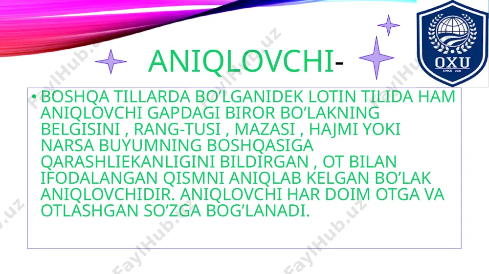miyacha tanasi purhikmat lotin maqollari) consuetudo est altera natura - tarki odat amri mahol. per aspera ad astra - qiyinchiliklar osha g’alabi sari. medicina functuosior ars nulla - tibbiyotdan foydaliroq fan yo’qdir. alit lectio ingenium - o’qish aqlni oziqlantiradi. citius, altius, fortius - tezroq, balandroq, kuchliroq. labor corpus firmat - mehnat tanani chiniqtiradi. foydalanilgan adabiyotlar: lotin tili va tibbiy terminologiya - n.b.bakayev, m.n.xafizova lotin tili va tibbiy atamashunoslik asoslari - bakayev n.b image3.png image4.png image1.png /docprops/thumbnail.jpeg