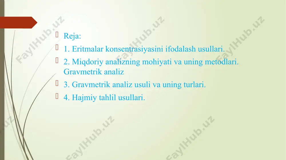 tiriladi va shu moddaning massasi analitik tarozida tortilib modda miqdori aniqlanadi.masalan: aniklanadigan chuktiriladigan tortiladigan modda shakl shakl titrimetrik analizning mohiyati . miqdoriy analizda aniqlanadigan modda miqdorini aniqlash uchun sarf bo’ladigan moddaning konsentrasiyasi aniq bo’lgan modda eritmasi hajmini o’lchashga asoslangan usuliga hajmiy (titrimetrik) analiz usuli deb aytiladi. aniqlanadigan a modda eritmasiga oz-ozdan konsentrasiyasi aniq bo’lgan b modda eritmasi qo’shiladi. bunda b moddadan a modda miqdoriga aniqlovchi modda miqdori ekvivalent bo’lgan holat ekvivalent nuqta deb ataladi. ekvivalent nuqta mahsus asboblar yoki indikatorlar yordamida aniqlanadi. indikator rangining o’zgarish holatiga titrlashning oхirgi nuqtasi deyiladi. konsentrasiyasi yoki boshqacha titri aniq bo’lgan eritma standart (titrlangan) eritma, yoki titrant deb aytiladi. standart eritmaning konsentrasiyasi odatda grammning millilitrga nisbati (g/ml) yoki (normallik) gramm-ekvivalent/litr birligida ifodalanadi. aniqlanadigan modda eritmasiga sekinlik bilan titrantni qo’shish jarayoni titrlash deyiladi. hajmiy analiz usullari ionlarning o’zaro tasirig asoslangan usul oksidlanish-qaytarilish reaksiyalariga asoslangan usul kompleks hosil bo’lishiga asoslangan usul kislota–asosli titrlash (neytrallash) usuli. titrimetrik analizda …