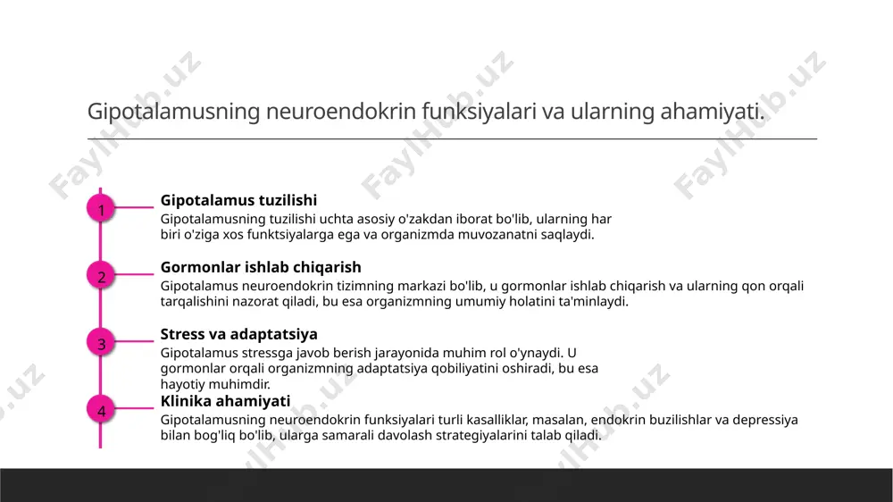 iyadagi neyrotransmitterlar balansini ta'minlaydi. 2 gipotalamus va gormonlar gipotalamus gormon ishlab chiqaruvchi o'zaklar bilan bog'liq kasalliklarda, masalan, gipofizning giperplaziyasi va hipo-gonadizm kabi holatlarda ta'sir ko'rsatadi. 3 klinik ahamiyat gipotalamus o'zaklarining kasalliklari, masalan, obesitas yoki depressiya, bemorlar uchun muhim klinik ahamiyatga ega. ularni davolash strategiyalari rivojlanmoqda. xulosa 01 gipotalamusning vazifalari gipotalamus o'zaklari organizmning asosiy funksiyalarini boshqaradi, gormonlar ishlab chiqaradi va homeostazni ta'minlaydi. ular turli tizimlar orasida muvozanatni saqlashda muhim rol o'ynaydi. 02 klinik ahamiyati gipotalamus o'zaklarining kasalliklar bilan aloqasi, nevrologik va endokrin kasalliklarning rivojlanishiga sabab bo'lishi mumkin. bu holatlarni aniqlash va davolashda muhim ahamiyatga ega. 03 gormonlar va metabolizm gipotalamus gormonlar ishlab chiqarish jarayonida muhim rol o'ynaydi, u metabolizmni tartibga solish va organizmning energiya balansini saqlashda yordam beradi. bu jarayonlar sog'liqni saqlashda muhimdir. e'tiboringiz uchun rahmat! /docprops/thumbnail.jpeg