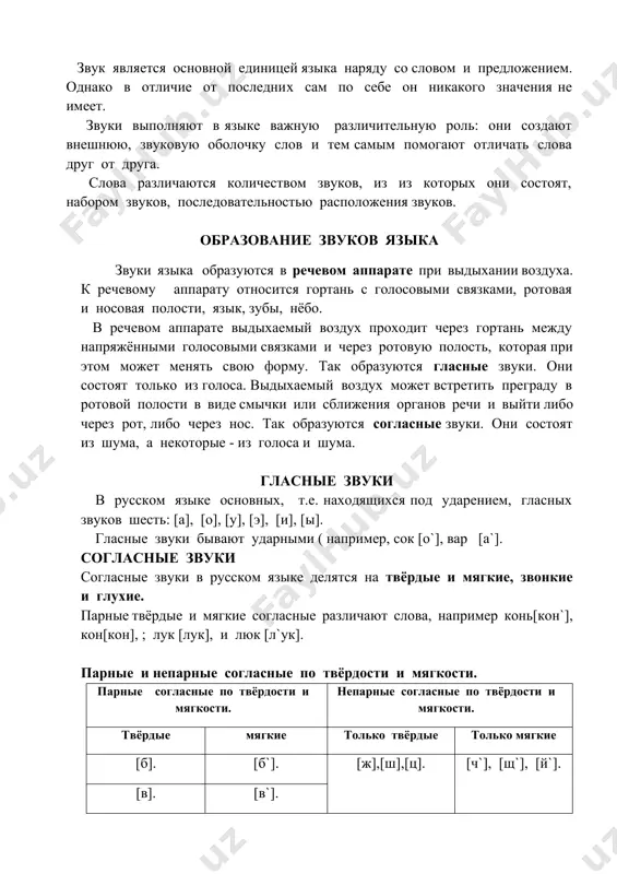 асные звуки. они состоят только из голоса. выдыхаемый воздух может встретить преграду в ротовой полости в виде смычки или сближения органов речи и выйти либо через рот, либо через нос. так образуются согласные звуки. они состоят из шума, а некоторые - из голоса и шума. гласные звуки в русском языке основных, т.е. находящихся под ударением, гласных звуков шесть: [а], [о], [у], [э], [и], [ы]. гласные звуки бывают ударными ( например, сок [о`], вар [а`]. согласные звуки согласные звуки в русском языке делятся на твёрдые и мягкие, звонкие и глухие. парные твёрдые и мягкие согласные различают слова, например конь[кон`], кон[кон], ; лук [лук], и люк [л`ук]. парные и непарные согласные по твёрдости и мягкости. парные согласные по твёрдости и мягкости. непарные согласные по твёрдости и мягкости. твёрдые мягкие только твёрдые только мягкие [б]. [б`]. [ж],[ш],[ц]. [ч`], [щ`], [й`]. [в]. [в`]. [г]. [г`]. [д]. [д`]. [з]. [з`]. [к]. [к`]. [л]. [л`]. [м]. …