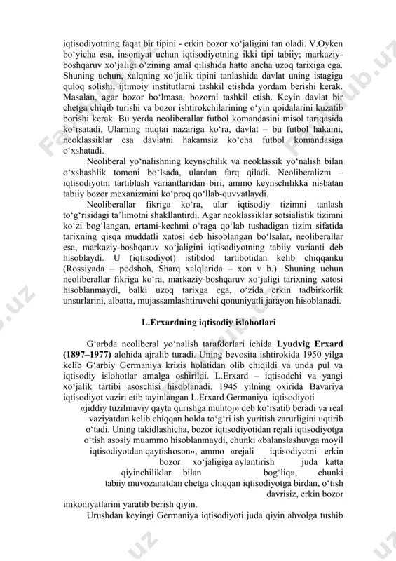 erativ axborotga ega bo‘lmagan markaziy rejalashtirish bozor iqtisodiyotiga o‘xshab samarali amal qila olmasligini ko‘rsatib berdi. baholarning bir markazdan o‘rnatilishi, ularning ustidan nazorat qilib turilishi, f.xayekning fikri bo‘yicha, axborotning buzilishiga, noto‘g‘ri tarqalishiga olib keladi. baho talab va taklifni to‘g‘ri aks ettirmaydi, mahsulotlarga bo‘lgan talab to‘g‘risida ishlab chiqaruvchi aniq tasavvurga ega bo‘lmaydi. f.xayek bo‘yicha, pul emissiyasiga bo‘lgan davlat monopoliyasi erkin jamiyat uchun zararli, negaki hukumat bunday monopoliya yordamida o‘z fuqarolari hisobiga davlat muammolarini yechishga urinadi (masalan, davlat qarzi muammosi, davlat xarajatlarining ko‘payib ketishi va b.). u davlat emissiyasini xususiy emission banklarning erkin raqobati bilan almashtirishni taklif qiladi. xususiy valyutalarni chiqarayotgan banklar o‘rtasidagi erkin raqobat natijasida odamlar kundalik hayotda foydalanish qo‘l keladigan ancha barqaror valyutani tanlash imkoniyatiga ega bo‘ladilar. 2. v.oyken “iqtisodiy tizim” tiplari to‘g‘risida valter oyken (1891–1950) o‘zining “milliy iqtisodiyot asoslari” (1947) kitobida xo‘jalikni tashkil etish shakllarining asosiy tiplarini (turlarini) ko‘rsatib beradi. mazkur kitobning “iqtisodiy tizimlar” bobida “xo‘jalikning ideal tiplari” to‘g‘risidagi g‘oya …