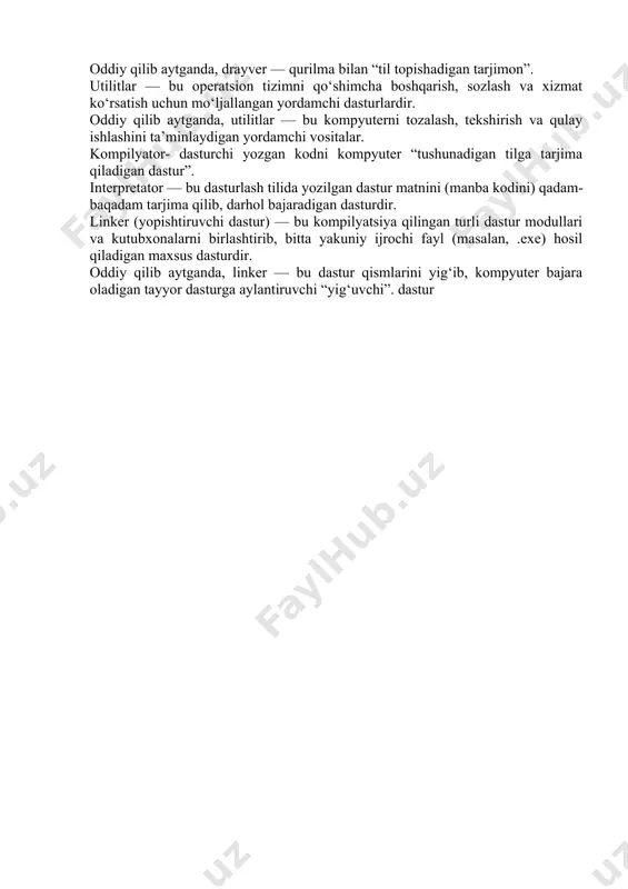 barcha resurslarini boshqaradi (protsessor, xotira, qurilmalar). · foydalanuvchiga qulay interfeys yaratadi. · misollar: windows, linux, macos, android. 2.drayverlar (drivers) · kompyuter qurilmalarini (printer, videokarta, klaviatura, sichqoncha) to‘g‘ri ishlashini ta’minlaydi. 3.uslug‘atlar (utilities) · tizimni qo‘shimcha boshqarish, sozlash va xizmat ko‘rsatish dasturlari. · misollar: antivirus dasturlari, fayllarni arxivlash dasturlari (winrar, 7-zip), diskni optimallashtirish vositalari. qurilma drayverlari qurilma drayverlari (device drivers) — bu kompyuter operatsion tizimi va apparat qurilmalari (printer, videokarta, klaviatura, tovush kartasi va boshqalar) o‘rtasida aloqa o‘rnatib beradigan maxsus dasturlardir. oddiy qilib aytganda, drayver — qurilma bilan “til topishadigan tarjimon”. utilitlar — bu operatsion tizimni qo‘shimcha boshqarish, sozlash va xizmat ko‘rsatish uchun mo‘ljallangan yordamchi dasturlardir. oddiy qilib aytganda, utilitlar — bu kompyuterni tozalash, tekshirish va qulay ishlashini ta’minlaydigan yordamchi vositalar. kompilyator- dasturchi yozgan kodni kompyuter “tushunadigan tilga tarjima qiladigan dastur”. interpretator — bu dasturlash tilida yozilgan dastur matnini (manba kodini) qadam-baqadam tarjima qilib, darhol bajaradigan dasturdir. linker (yopishtiruvchi dastur) — bu …