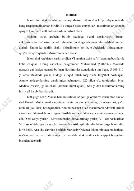 lishining mazhab va ta’limotlari. ismoiliya. qarmatiylik ta’limoti va harakatlari. sunniylik aqidasi va mazhablari. hanafiylik mazhabi. tasavvuf yo’nalishi va tariqatlari. yassaviya, kubraviya, naqshbandiya tariqatlari. zamonaviy sufiylik ta’limotlari. moturidiya va ash’ariya aqidaviy ta’limotlari. vahhobiylik harakatining kelib chiqishi. vahhobiylikning markaziy osiyoda tarqalishi. xx asrdagi islohotchilik harakatlari. panislomizm, panarabizm, panturkizm tushunchalari. tablig’ guruhi. ixvonul muslimin tashkilotining tuzilishi, turli firqalarga bo’linishi. hizbut tahrirning shakllanishi, ta’limoti, maqsadlari. nurchilik harakatlari, maqsadlari. akromiylik harakatlari va ularning ayanchli oqibatlari. fundamentalizmning vujudga kelishi. birinchi jahon xristian fundamentalistlari assotsiatsiyasiga asos solinishi. ekstremizmni keltirib chiqaruvchi omillar. terrorizmga qarshi kurashda ma’rifiy islomning roli. radikal diniy oqimlar. fanatizmning salbiy oqibatlari. sobiq ittifoqdan keyingi makonda diniy omilning faollashuvi. o’zbekiston respublikasining konstitutsiyasida milliy va diniy ruhdagi siyosiy partiyalar tuzishning taqiqlanishi. diniy ekstremizmga qarshi kurashishda yoshlarga milliy istiqlol g’oyalarini singdirishning ahamiyati. islomdagi yo‘nalishlar, mazhablar, oqimlar. insoniyat murakkab ijtimoiy-siyosiy jarayonni boshidan kechirmoqda. xxi asr mafkuralar to‘qnashuvi asri bo‘lishini idrok etmoq zarur, bunda "xxi asrda yadro poligonlaridan emas, balki …