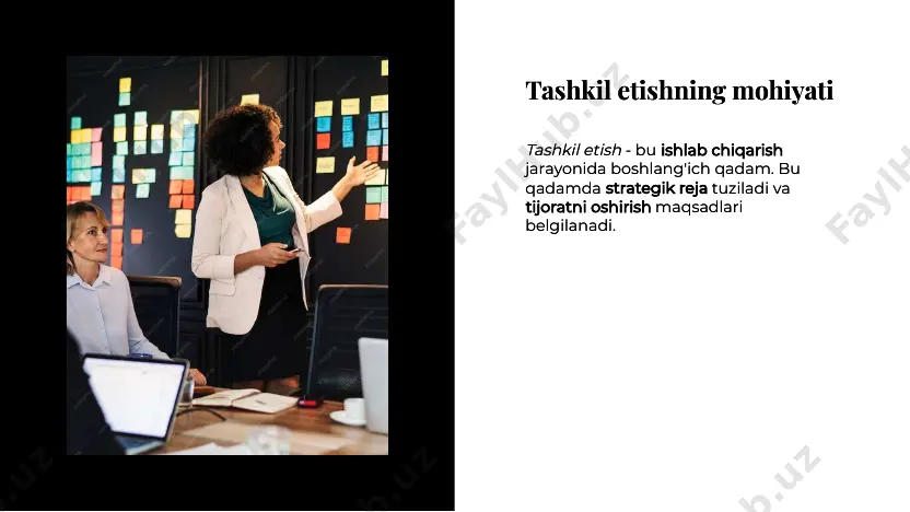 kanligini ko'rsatadi. tashkil etishda innovatsiyalarni qo'llash tashkil etishda innovatsiyalarni qo'llash tashkil etishda innovatsiyalarni qo'llash - bu soha ichidagi yangiliklarni qo'llash, sifatli mahsulotlar ishlab chiqarish va tijoratda o'zgarishlarni o'tkazish. tashkil etishda innovatsiyalarni qo'llash - bu soha ichidagi yangiliklarni qo'llash, sifatli mahsulotlar ishlab chiqarish va tijoratda o'zgarishlarni o'tkazish. tajribali mutaxassislar bilan hamkorlik tajribali mutaxassislar bilan hamkorlik tajribali mutaxassislar bilan hamkorlik - bu tashkilotning tajribali mutaxassislar bilan tajribalarini almashish va soha ichidagi yangiliklardan foydalanish. tajribali mutaxassislar bilan hamkorlik - bu tashkilotning tajribali mutaxassislar bilan tajribalarini almashish va soha ichidagi yangiliklardan foydalanish. texnik jarayonlarni rivojlantirish va optimallashtirish texnik jarayonlarni rivojlantirish va optimallashtirish texnik jarayonlarni rivojlantirish va optimallashtirish - bu sifatli mahsulotlar ishlab chiqarishda tizimli ish rejalarini qo'llash va tijoratda muvaffaqiyatni ta'minlash. texnik jarayonlarni rivojlantirish va optimallashtirish - bu sifatli mahsulotlar ishlab chiqarishda tizimli ish rejalarini qo'llash va tijoratda muvaffaqiyatni ta'minlash. tashkilotning muva�aqiyati tashkilotning muva�aqiyati tashkilotning muvaffaqiyati - bu tashkil etish rejasi va strategik rejalarni …