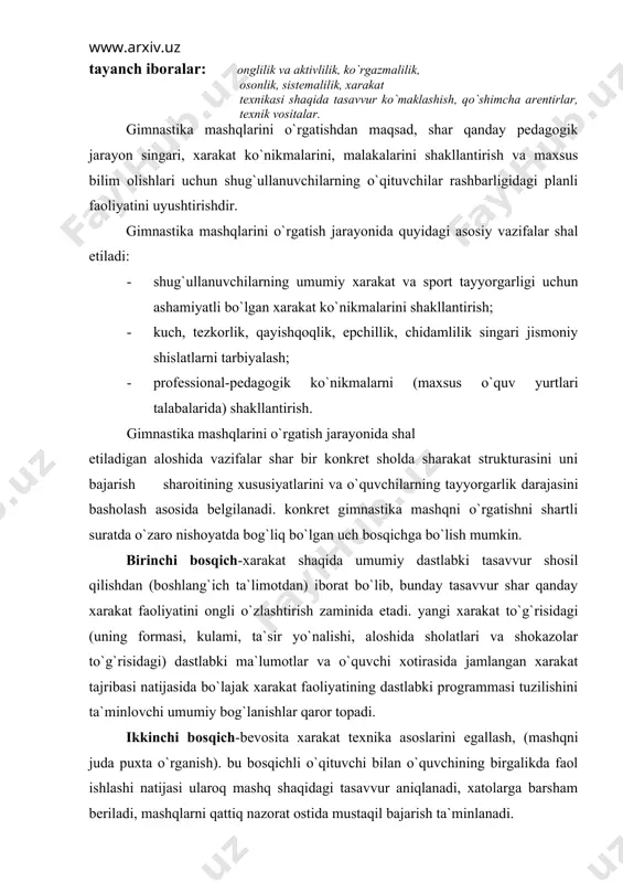 programmasi tuzilishini ta`minlovchi umumiy bog`lanishlar qaror topadi. ikkinchi bosqich-bevosita xarakat texnika asoslarini egallash, (mashqni juda puxta o`rganish). bu bosqichli o`qituvchi bilan o`quvchining birgalikda faol ishlashi natijasi ularoq mashq shaqidagi tasavvur aniqlanadi, xatolarga barsham beriladi, mashqlarni qattiq nazorat ostida mustaqil bajarish ta`minlanadi. uchinchi bosqich-xarakat texnikasini mustashkamlash va takomillashtirish. bu xarakatni boshqarish darajasini muqarrar avtomatlashtirilgan ko`nikma darajasiga etkazib, shu tufayli shug`ullanuvchi mashqlarni turli sharoitda (musobaqalar va boshqa chiqishlarda) uzoq vaqt davomida bajarib yura oladi. birinchi shart. gimnastika mashqlarini o`rgatishni muvaffaqiyatli tashkil etishning birinchi sharti-o`quvchining tayyorlik darajasini aniq basholashdir. o`quvchining xarakatini basholash xarakteri ayni choqda qanday mashq o`rganayotganligiga bog`liq. gimnastik mashqlari esa nishoyatda shilma-shil, shuning uchun yangi xarakat o`rganilayotgandagi xar bir konkret sholda o`quvchining imkoniyatlarini aniqlash o`zgarib turishi mumkin. ikkinchi shart-o`rgatish programmasini xarakat strukturasini tashlil qilish va o`quvchining individual xususiyatlarini bilish asosida tuzish. o`qitish programmasi algoritmik topshiriq: chiziqli yoki tarmoqli programma tarzida yoziladi. gimnastika mashqlarining texnikasi murakkablasha borgan sari o`rgatish programmalarining samaradorligi orta …