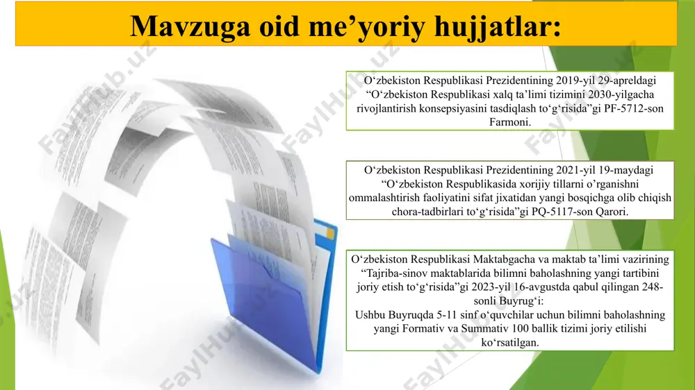 yo‘naltirilgan. 1. boshlang‘ich maktab. 6–12 yosh. dastlabki yillarda an’anaviy ball yoki harfli baho o‘rniga so‘zli tavsiflar ishlatiladi. ustuvorlik: o‘quvchi xulqi, ijtimoiy ko‘nikmalari, guruhdagi ishtiroki, o‘zini tutish va o‘zgarishlar.yuqori sinflarga yaqinlashgan sari oddiy 3 bosqichli baholash tizimi joriy qilinadi: juda yaxshi. yaxshi. harakat qilish kerak. 2. o‘rta maktab. yoshi: 12–15 yosh : baholash tizimi: odatda 5 ballik tizimda amalga oshiriladi:e'tibor: imtihonlar, topshiriqlar, davomad, sinfdagi ishtirok va xulq-atvor bahoga ta’sir qiladi. 3. yuqori maktab. yoshi: 15–18 yosh: baholash: ko‘p hollarda 100 ballik tizim qo‘llaniladi, lekin 5 ballik yoki harfli tizim (a, b, c...) ham keng tarqalgan. ballarning gpa tizimiga moslashtirilgan shakllari mavjud bo‘lib, u universitetga kirishda muhim rol o‘ynaydi. t/r amaldagi holat (o‘zbekistonda) amaldagi holat (xorijda) takliflar 1 maktablarimizda o‘quvchilarimiz an’anaviy baholash tizimi orqali baholanadi. bugungi kunda maktabgacha va maktab vazirligi tomonidan yangi baholash tizimi 100 ballik (bsb va chsb) tajriba sinov tarzida mamlakatimizning 1500 ta maktablarida sinovdan o‘tkazilmoqda. yaponiyadagi maktablar (boshlang‘ich, …