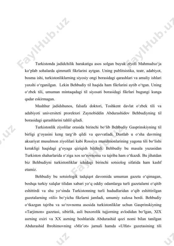 lning qorishiq shakli ishlatiladi; rasmiy idoralarga arizalar turkiyda yoziladi; shar’iy fatvolar forsiyda yozilib, turkiyda qayd qilinadi va bu usulga butun turkistonda amal qilinadi. behbudiy maqolasining so‘ngida keltirgan isbot va dalillariga tayangan holda turkiston maktablarida ham turkiy, ham forsiy birga o‘qitilishi maqsadga muvofiq degan xulosa berdi. behbudiy (umum)turkiy tilni «tarjimon» gazetasi vositasida o‘zlashtirganini bayon qilar ekan, «ona tilim forsiydir, yozgan turkchamni ruhoniy hojam ‘tarjimon’ sahifalaridan tahsil etdim», degan fikri bilan o‘rtoqlashadi. bu esa gasprinskiy taklif qilayotgan (umum)adabiy yoki (umum)turkiy til yaratilganidan darak beradi. shuningdek, gasprinskiy nashr etgan «tarjimon» gazetasining turkiston o‘lkasidagi e’tiborini «usuli jadida nomi bilan isloh qilingan va ochilgan maktablar muhtaram ‘tarjimon’ ta’sirida alifbodan oxiriga qadar turkcha dars berib, turkistonda turkchaning yoyilishiga xizmat qilgan»ida ham ko‘rish mumkin. bu so‘zlar ham behbudiyga taalluqli. begali qosimov imperiya musulmonlari, xususan, turkiston o‘lkasining taraqqiy etgan millatlar qatoriga qo‘shilishi va oxir-oqibat mustaqillikka erishishi yo‘lidagi kurashda behbudiyni gasprinskiy bilan bir maslakda bo‘lganini ta’kidlaydi. bu maslak gasprinskiy …