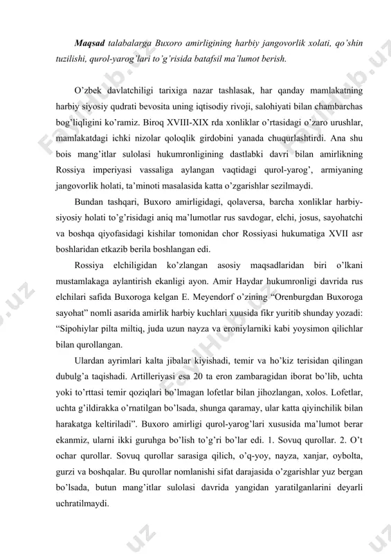 anmiz, ularni ikki guruhga bo’lish to’g’ri bo’lar edi. 1. sovuq qurollar. 2. o’t ochar qurollar. sovuq qurollar sarasiga qilich, o’q-yoy, nayza, xanjar, oybolta, gurzi va boshqalar. bu qurollar nomlanishi sifat darajasida o’zgarishlar yuz bergan bo’lsada, butun mang’itlar sulolasi davrida yangidan yaratilganlarini deyarli uchratilmaydi. sovuq qurollarning asosiysi hisoblangan qilich qadimgi davrlardan boshlab janglarda asosiy rol o’ynab, tadqiq etilayotgan davrda ham o’z ahamiyatini yo’qotmagan va hattoki, nomlanishida ham ix-xii asrlardagi o’z nomlarini saqlab kelgan. manbalarda amir sarbozlari va harbiy amaldorlari taqib yurgan “chiniy”, “rusiy”, “rumiy”, “farangi”, “sulaymoniy”, “hindiy”, “damashqiy” va boshqa nomli qilichlar uchraydi. bundan tashqari amirlikda, “farangiy”, “afg’oniy”, “eroniy”, nomlari bilan boshqa sovuq qurollar va hattoki, o’tochar qurollardan ham foydalanishgan. qilich bilan jang qilish o’rta asrlardayoq evropa va rivojlangan davlatlarda kamdan kam hollarda uchrasada, amirlik hududidagarchi o’tochar qurollar bo’lishiga qaramasdan to 1920 yilgacha muomalada bo’lgan. amirlikdagi qilichlar maxsus ustalar tomonidanyasalib uning og’irligi 1 kg. dan to 5 kg. gacha bo’lgan. amaldorlarning …