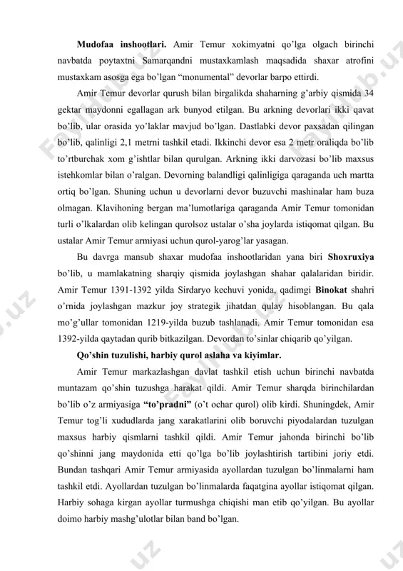 ari amir temur armiyasida ayollardan tuzulgan bo’linmalarni ham tashkil etdi. ayollardan tuzulgan bo’linmalarda faqatgina ayollar istiqomat qilgan. harbiy sohaga kirgan ayollar turmushga chiqishi man etib qo’yilgan. bu ayollar doimo harbiy mashg’ulotlar bilan band bo’lgan. amir temur tuzgan muntazam armiya boshqa xalqlarning muntazam armiyasidan farq qilgan. masalan amir temur armiyasida qo’shin son jihatdan aniq va puxta tashkil qilingan, uning jangovor tartibi jangdan-janga kuchayib borgan, armiya o’z zamonasining eng so’ngi qurol yarog’lari bilan taminlangan, qismlar bir-biridan ajralib turishi uchun ularning kiyimlari va tug’lari ham bir-birinikidan farq qilgan. qo’shin piyodalar va otliq askarlardan iborat bo’lgan. amir temur piyodalarga ham katta etibor qaratgan. uzoq janglarga boriladigan bo’lsa, cho’l dashtlarda yurilsa, masofa olis bo’lsa piyodalar ham otlar bilan ta’minlangan. otliqlar ham engil qurollangan va og’ir qurollangan suvoriylarga bo’lingan. aniq nishonga olinadigan vaqtda otliq askarlar ham otlaridan tushib kamon bilan o’q uzushgan. shuningdek asosiy jang qiluvchi bo’linmalardan tashqari quydagi yordamchi harbiy bo’linmalar ham mavjud bo’lgan. 1. …