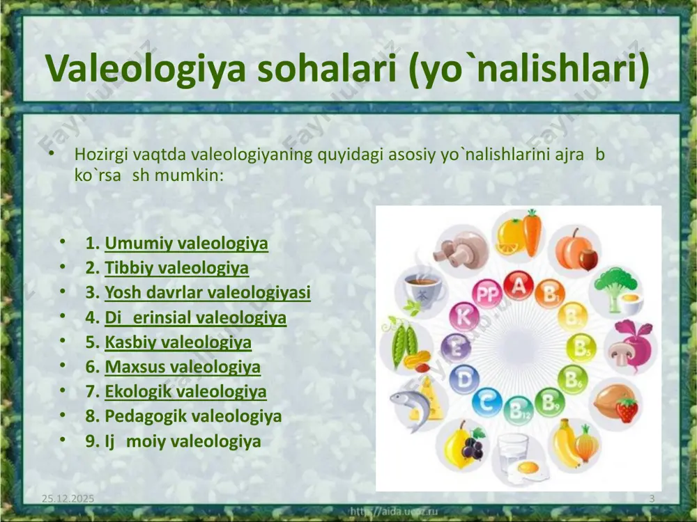 s valeologiya “hayot faoliyati xavfsizligi asoslari” fani bilan tig`iz bog`liq. ekologik valeologiya ekologik valeologiya tabiiy omillar va tabiatdagi antropogen o`zgarishlarning natijasini inson sog`lig`iga ta`sirini tadqiq etadi, tabiatdagi ontropogen o`zgarishlarning inson salomatligiga xarakatini, sog`liqni saqlash maqsadi bilan bog`liqlikda tashqi muhit sharoitlarini yaratishga inson hatti-harakatini aniqlaydi. tabiatning tabiiy rivojlanishida insonning aralashuvi ular o`rtasida va inson organizmida, biologik taraqqiyot mahsuliga ega bo`lishida ko`plab qarama-qarshiliklarni keltirib chiqaradi. bu bilan bog`liqlikda valeologiya bir tomondan, atrof muhitning inson sog`lig`iga ta`sir etish xarakterini o`rganish, boshqa tomondan esa, sog`lomlik nuqtai nazaridan tashqi muhitning qulay sharoitlarini yaratishda inson hulqi haqida tavsiyala ishlab chiqishi zarur. ekologik valeologiya ekzoekologiya va endoekologiyani v. p. petlenkoning ma`lumoti bo`yicha ekologik valeologiya ekzoekologiya va endoekologiyani o`z ichiga qamrab oladi. ekzoekologiya – tashqi ekologik omillar (kosmos, magnitosfera, gravitatsiya, quyosh radiatsiyasi, iqlim, atmosfera,gidrosfera)ning inson salomatligiga ta`sirini tahlil qiladi. endoekologiya – bu organizm ichki muhitini biologik potensiali uning bioritmik, xronaritmik holati. bu toza (sog`lom) organizm konsepsiyasi. u toza …