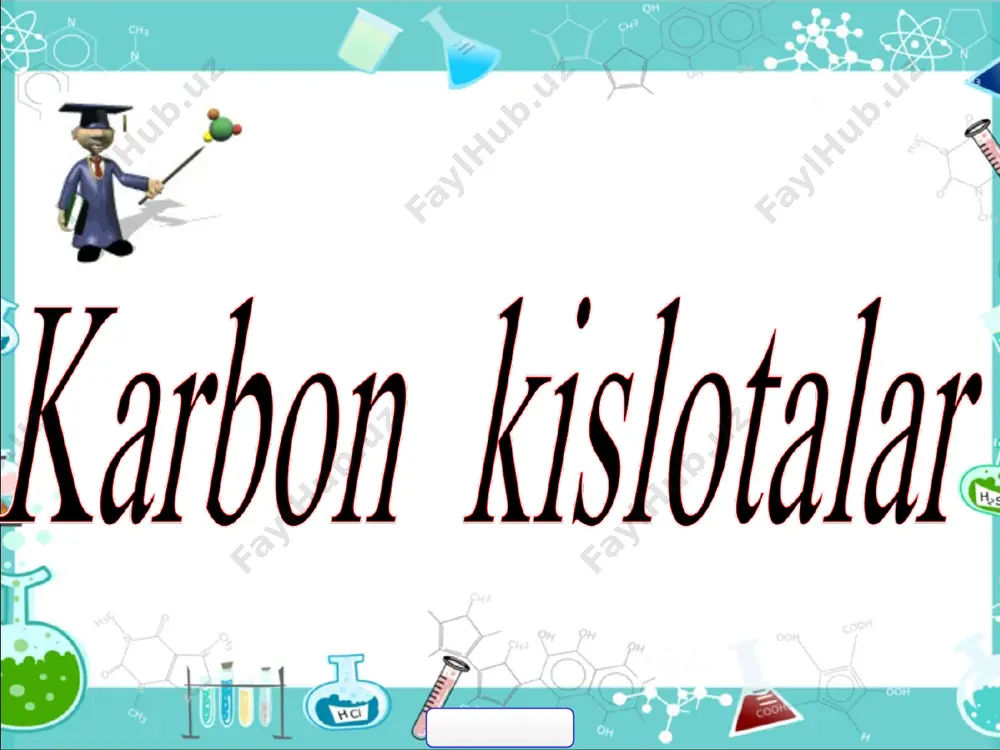 ng. quyida keltirilgan moddalar 1)sirka kislota; 2)propion kislota; 3)moy kislota; 4)valerian kislota struktur tuzilishini yozing va ular tarkibidagi δ va π bog‘lar sonini hisoblang. – c o oh – c o oh hooc – cooh hooc – ch 2 – cooh hooc – ch 2 – ch 2 – cooh hooc – ch – cooh ch 3 hooc – (ch 2 ) 3 – cooh шавел кислота, этандикислота малон кислота, пропандикислота кахрабо кислота, бутандикислота метилмалон кислота, глутар кислота, пентандикислота hooc – cooh hooc – ch 2 – cooh hooc – ch 2 – ch 2 – cooh hooc – ch – cooh ch 3 hooc – (ch 2 ) 3 – cooh шавел кислота, этандикислота малон кислота, пропандикислота кахрабо кислота, бутандикислота метилмалон кислота, глутар кислота, пентандикислота