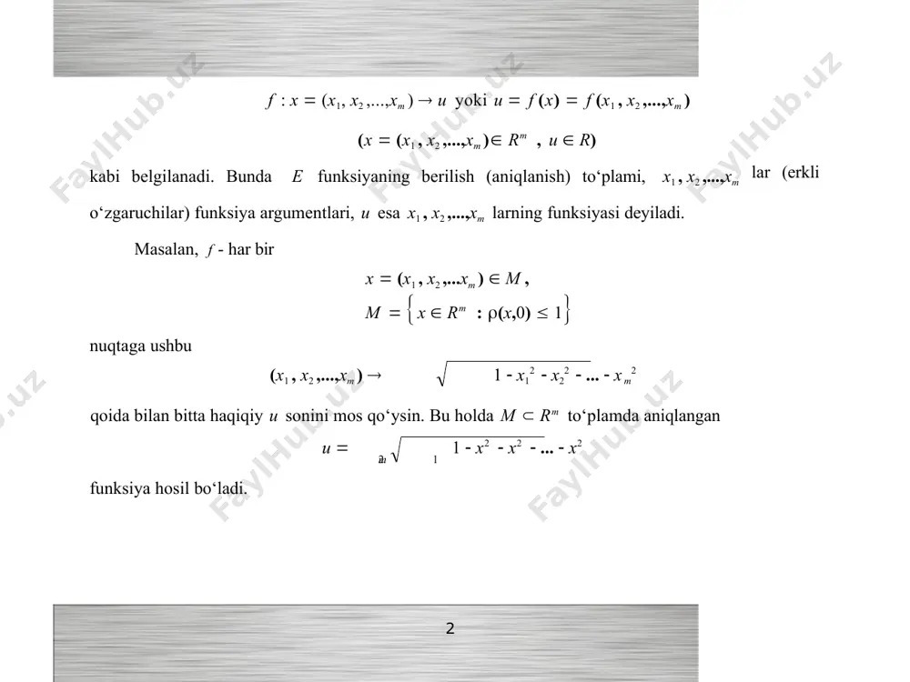 ............................ xm  m (t)  m (t1,t2 ,...,tk ), bo‘lsin, bunda i (t) funksiya (i 1,2,...,m) t  rk to‘plamda aniqlangan bo‘lib, t  (t1,t2 ,...,tk ) t bo‘lganda unga mos x  (x1, x2 ,...xm )  e bo‘lsin. natijada f (x(t))  f (1(t1,...,tk ),2 (t1,...,tk ),....,m (t1,...,tk ))  f(t1,t2 ,...,tk ) funksiya hosil bo‘ladi. uni murakkab funksiya deyiladi. 20. ko‘p o‘zgaruvchili funksiya limiti (kаrrali limiti) ta’riflari. faraz qilaylik, f (x) funksiya (x  rm ) e  rm to‘plamda berilgan, x0  rm nuqta e ning limit nuqtasi bo‘lsin. u holda rm fazoda shunday x(n) : x(1) , x(2) ,....,x(n) ,.... ketma-ketlik topiladiki: 5 n  n da x(n)  e, n   da x(n)  x0 bo‘ladi (bunday ketma-ketliklar istalgancha bo‘ladi). 2-ta’rif (geyne). agar n  n da x(n)  e, n   da x(n)  x0 x(n)  x0 , x(n) …