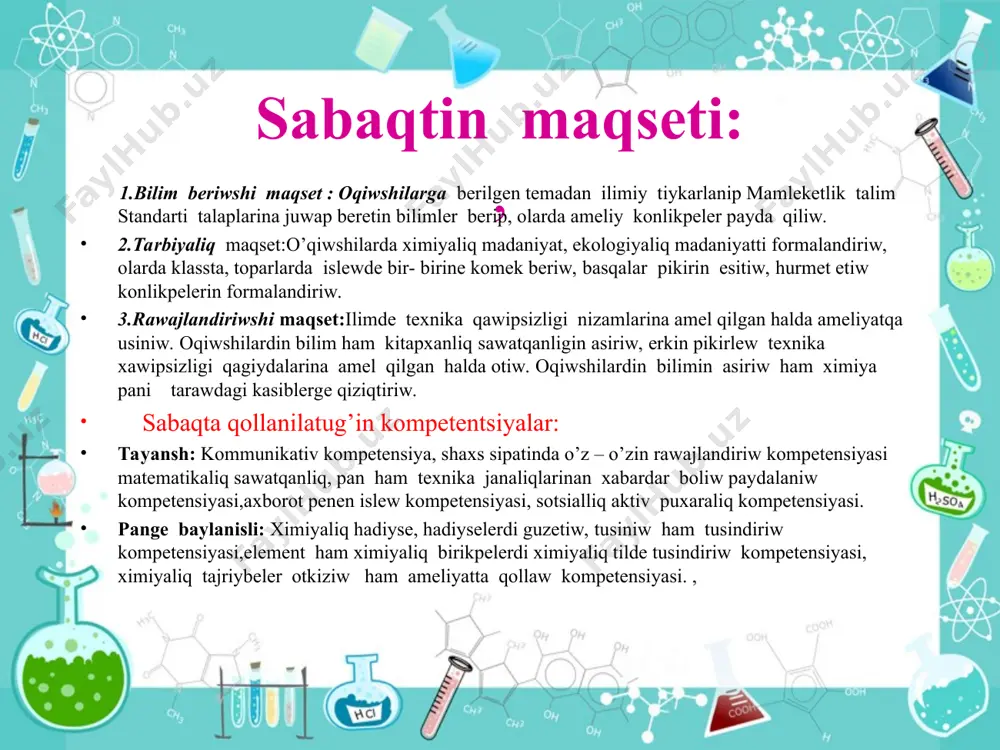 ktron slaydlar “ilmnin´ - basi tinish turiw keyingisi – itibar menen esitiw uchinshisi - yad aliw to’rtinshisi - ogan a´mel qiliw besinshisi – oni bilmegenlerge tarqatiw. mine usi shartlerge amel qilip bilim alinsa, bunday adamlar eki duniya baxtina erisedi.” imom g’azzoliy sabaqtin barisi 1. sholkemlestiriw 2 minut 2. o’tilgen temani takirarlaw 8 minut 3. taza tema mazmuni 20 minut 4. taza tema bekkemlew 12 minut 5. juwmaqlaw 20 minut ja’mi: 45 minut : ,. “aqliy hujim” valentlik tusinigi sizge tanispa? valentlikleri turaqli bolgan elementlerdi bilesizbe? mg din valentligi neshege ten? bu jerde fe2o3 temir (fe) elementi qanday valentlikke iye? ekvivalent tusinigin uyreniwdi qaleysizbe? ekvivalent – ten manisli degendi bildiredi har bir zat o’zinin ekvivalentine ten massaliq qatnasta basqa zatlar menen reaktsiyaga kirisedi. a + b = ab m 1 e 1 = boladi m 2 e2 ekvivalent tusinigin ilimge 1820-jilingliz alimi volloston tarepinen kirgizilgen * apiwayi zatlardin ekvivalent massasin tabiw. …