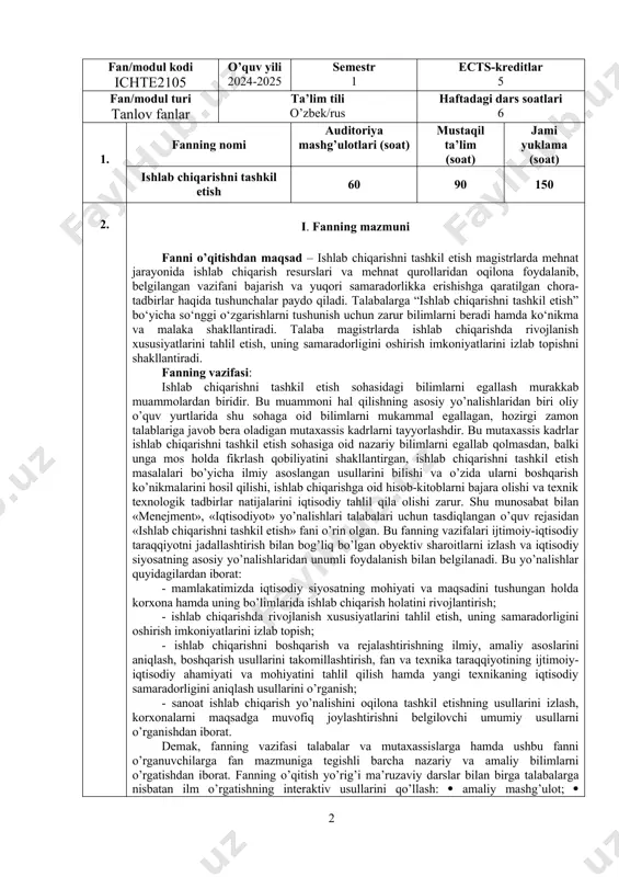ini bilishi va o’zida ularni boshqarish ko’nikmalarini hosil qilishi, ishlab chiqarishga oid hisob-kitoblarni bajara olishi va texnik texnologik tadbirlar natijalarini iqtisodiy tahlil qila olishi zarur. shu munosabat bilan «menejment», «iqtisodiyot» yo’nalishlari talabalari uchun tasdiqlangan o’quv rejasidan «ishlab chiqarishni tashkil etish» fani o’rin olgan. bu fanning vazifalari ijtimoiy-iqtisodiy taraqqiyotni jadallashtirish bilan bog’liq bo’lgan obyektiv sharoitlarni izlash va iqtisodiy siyosatning asosiy yo’nalishlaridan unumli foydalanish bilan belgilanadi. bu yo’nalishlar quyidagilardan iborat: - mamlakatimizda iqtisodiy siyosatning mohiyati va maqsadini tushungan holda korxona hamda uning bo’limlarida ishlab chiqarish holatini rivojlantirish; - ishlab chiqarishda rivojlanish xususiyatlarini tahlil etish, uning samaradorligini oshirish imkoniyatlarini izlab topish; - ishlab chiqarishni boshqarish va rejalashtirishning ilmiy, amaliy asoslarini aniqlash, boshqarish usullarini takomillashtirish, fan va texnika taraqqiyotining ijtimoiy-iqtisodiy ahamiyati va mohiyatini tahlil qilish hamda yangi texnikaning iqtisodiy samaradorligini aniqlash usullarini o’rganish; - sanoat ishlab chiqarish yo’nalishini oqilona tashkil etishning usullarini izlash, korxonalarni maqsadga muvofiq joylashtirishni belgilovchi umumiy usullarni o’rganishdan iborat. demak, fanning …