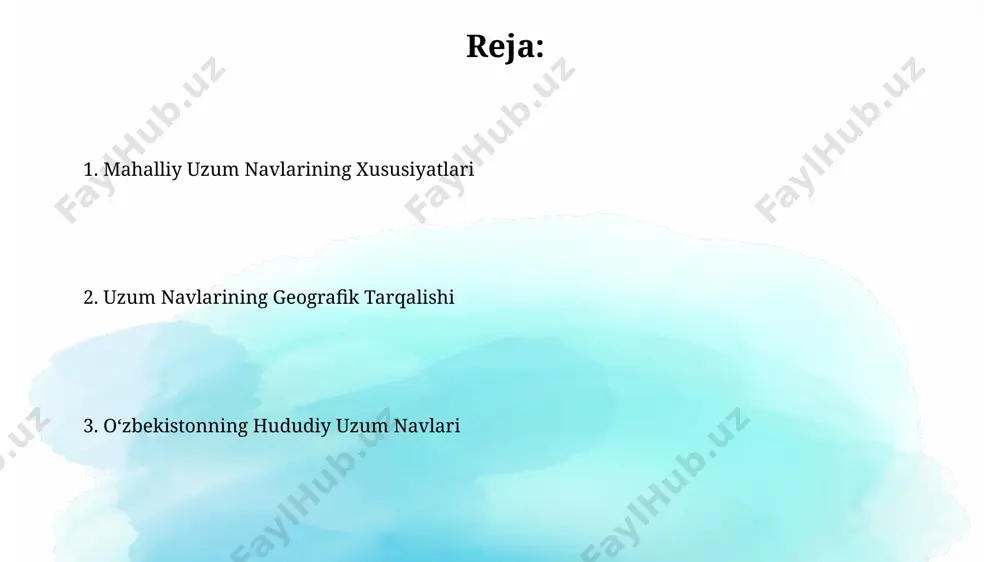 ati mavjud. qashqadaryo viloyatining uzumlari qashqadaryo uzumlarining shirinligi 18-22% gacha o'zgaradi, bu esa ularni sharbat, quruq uzum va vino ishlab chiqarish uchun ideal qiladi. qashqadaryo viloyatida 30 dan ortiq mahalliy uzum navlari yetishtiriladi, ularning 10 tasi sanoat miqyosida qayta ishlanadi. fargʻona vodiysi uzumlari fargʻona vodiysidagi uzumzorlarning umumiy maydoni 5000 ga yaqin gektarni tashkil etadi va bu mintaqaning iqtisodiyotining muhim qismini tashkil qiladi. hududning oʻziga xos iqlim sharoiti tufayli, fargʻona uzumlari yuqori shakar miqdori (18-22%) va noyob ta’mga ega. uzum navlarining geografik tarqalishi hissor tog'larining etaklarida, balandligi 800-1200 metr oralig'ida, 30 dan ortiq mahalliy uzum navlari, jumladan, "guliston" va "shirin" navlari yetishtiriladi. qoraqizil uzum navi asosan farg'ona vodiysida, 1500 gektardan ortiq maydonni egallab, unumdorligi 15-20 tonna/gektarga yetadi. toshkent viloyati uzumlari тошкент вилоятида 100 дан ортиқ маҳаллий узум навлари етиштирилади, уларнинг аксарияти 3000 дан ортиқ йиллик тарихий меросига эга. вилоятдаги узумчилик хужаликлари йилига ўртача 5000 тоннага яқин турли хил узум маҳсулотини етиштириб, …