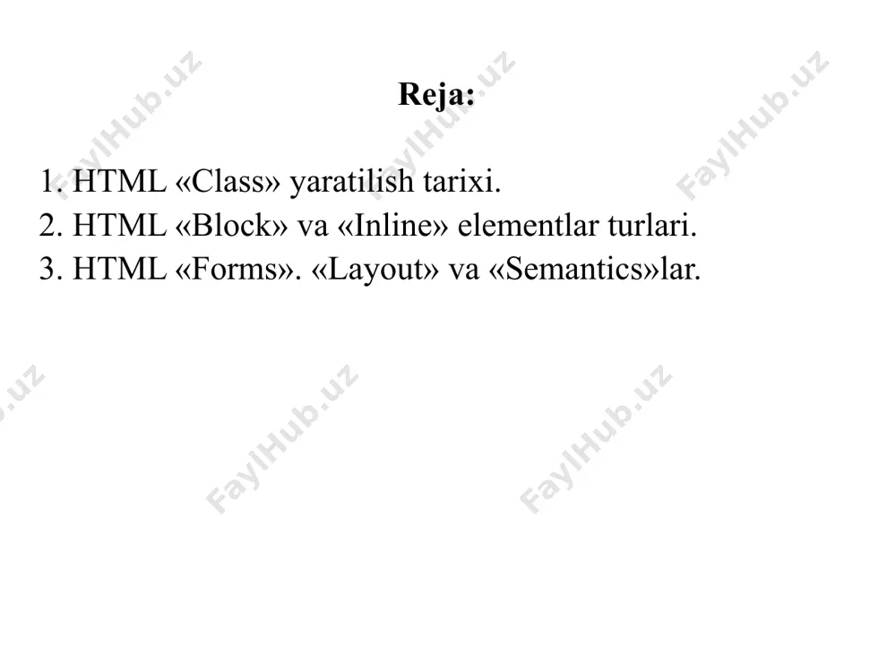 gligi faqat teglar bilan belgilanadigan darajada kengayadi. inline elementning namunasi teg, ya'ni matn tarkibining shriftini qora rangda joylashgan qiladi. bir satr ichidagi element odatda faqat boshqa satr ichidagi elementlarni o'z ichiga oladi yoki tanaffus yorlig'i kabi hech narsaga ega bo'lmaydi. savol va topshiriqlar. 1. ms wordda qanday ro’yxat turlari bor? 2. web-sahifada necha xil ro’yhat ishlatish mumkin? misollar keltiring. 3. tartib raqamli ro’yhat qanday tashkil qilinadi? misollar keltiring. 4. markerli ro’yhat qanday tashkil qilinadi? misollar keltiring. e’tiborimgiz uchun rahmat. /docprops/thumbnail.jpeg