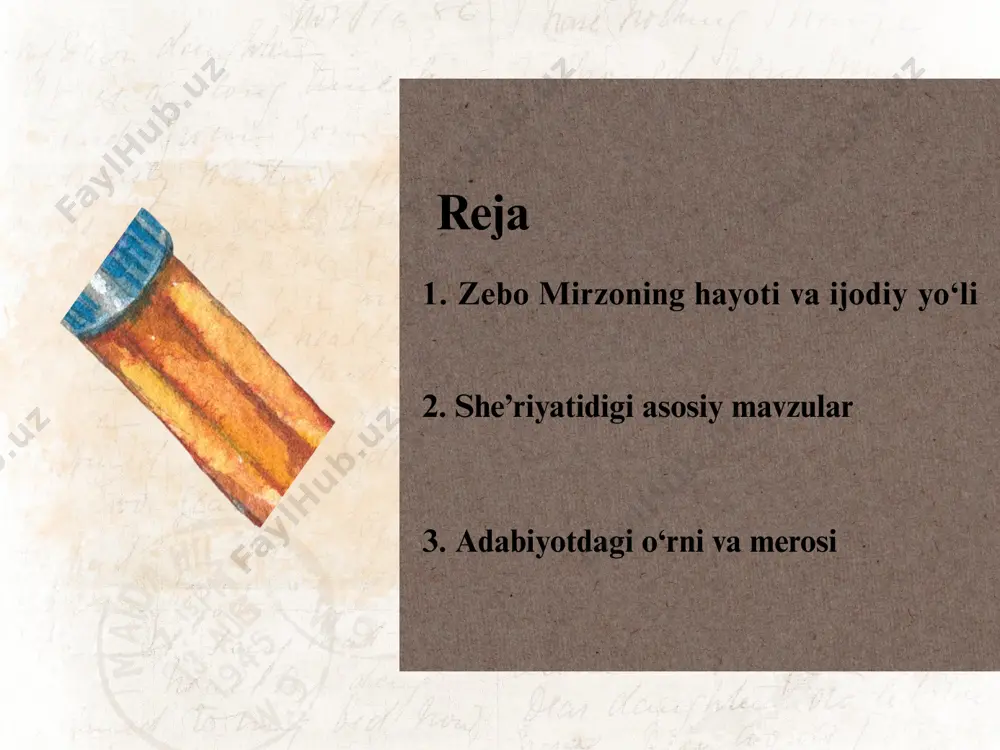 meros” xayriya jamoat fondi tomonidan o‘zining milliy madaniy merosni targ‘ib etishdagi faoliyati uchun “oltin meros” medali bilan taqdirlangan (2019). she’riy to‘plamlari – uning ilk she’riy to‘plami “tun malikasi” 1990-yilda nashr etilgan va shu vaqtning o‘zida adabiyotda yangi bir davrni boshlagan. keyinchalik “ajr” (1997), “nur kukunlari” (2004), “ishq” (2012) kabi kitoblari chop etilgan. milliy madaniy merosimizni targ‘ib va tadqiq etish borasidagi ibratli faoliyati, asarlarida insoniylik, vatanga sadoqat, mehr-muhabbat, ezgulik aks etgan ijodkorlar, xususan xalqaro “oltin meros” xayriya jamoat fondi vasiylik kengashining qaroriga asosan zebo mirzaeva – telejurnalist, boshlovchi va shoira “oltin meros” medaliga sazovor deb topildi foydalanilgan adabiyotlar 1. zebo mirzo. (1990). “tun malikasi”. toshkent: o‘zbekiston yozuvchilari nashriyoti. 2. zebo mirzo. (1997). “ajr”. toshkent: yoshlar nashriyoti. 3. zebo mirzo. (2004). “nur kukunlari”. toshkent: o‘zbekiston yozuvchilari nashriyoti. 4. zebo mirzo. (2012). “ishq”. toshkent: o‘zbekiston yozuvchilari image9.png image10.png image11.png image12.png image13.png image1.jpeg image2.png image3.png image4.png image5.png image6.png image7.png image8.png image14.jpeg image15.png image16.png image17.png …
