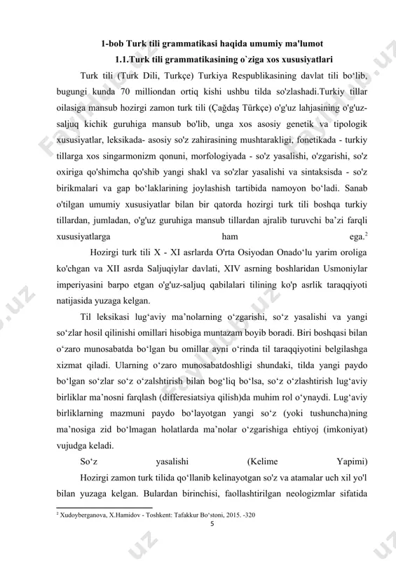 ing to'rttadan turi mavjud. aslida o'zak so'z yasalishining asosiy xom ashyosidir. shu bois uni so‘z yasalishi mavzusiga tegishli deymiz, ammo bu atama ancha sodda o‘zaklarga nisbatan qo‘llanadi.[footnoteref:3] [3: sodikov к., xamidov x., xudoyberganova z., aminova l., turk tili, toshkent, 2003.] turk tilining shakllanishi tarixiga nazar tashlanganda, tilga tashqaridan ta'sir, asosan, xx asrning 20 - yillarigacha bo‘lgan davrda kuzatilgan. bu davrgacha juda ko‘p sinovlar, turli islohatlarni boshdan kechirgan turk tili o‘sha davrda jamiyatda amalga oshirilgan islohatlar orasida muhim o‘rin olgan «til inqilobi» (dil devrimi) natijasida yangi davrga qadam qo‘ydi. bu inqilobning asosiy maqsadi turk tilining lug‘at zahirasini qayta tiklash, grammatik va uslubiy me'yorlar, imlo qoidalarini tartibga solishdan iborat edi. yangi ijtimoiy munosabatlar adabiy tilning elitar mazmuniga barham berish, yozuv me'yorlarini demokratlashtirish va og‘zaki nutqqa yaqinlashtirishni taqozo etar edi. til islohatining yana bir muhim maqsadi usmoniy turkchasi osmanli türkçesining turk tili (türçe, turk dili) deb o'zgartirilishi va arab yozuvidan turk tilining tovush …