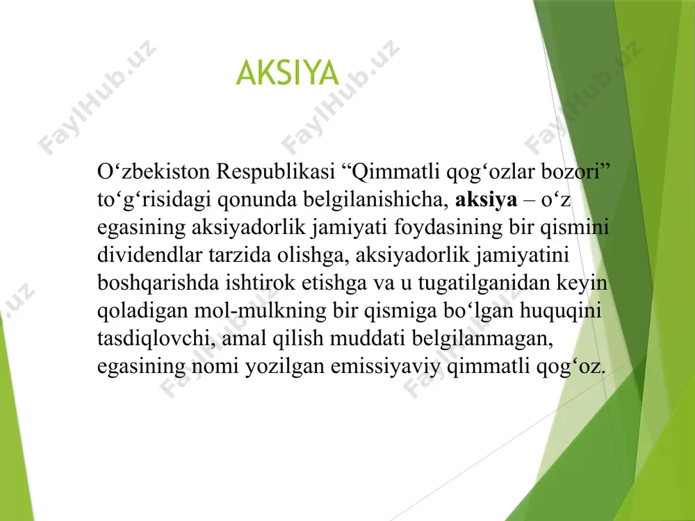 atda, ushbu jamiyatni boshqarishda ishtirok etish huquqini bеruvchi qimmatli qog`ozdir. aktsiya egasi aktsiyadorlik jamiyati tugatilgan hollarda uning mol–mulkini taqsimlashda ishtirok etish xuquqiga ega. aktsiyalar bo`yicha olingan daromad – dividеnd, dеb nomlanadi. dividеnd, odatda, aktsiyadorlik jamiyatining foydasiga bog`liq bo`ladi. agar kompaniya hisobot yili natijalariga ko`ra katga foydaga ega bo`lsa, unda katta dividеnd to`lash imkoniyati bo`ladi va aksincha. aksiyalar oddiy va imtiyozli aksiyalarga boʻlinadi oddiy aksiya oʻz egasiga aksiyadorlarning umumiy yigʻilishida oʻz ovozi bilan ishtirok etish huquqi, dividendlar olish va aksiyadorlik jamiyati tugutilganda mulkning bir qismiga ega boʻlish huquqini beruvchi qimmatli qogʻoz. aksiyadorlar umumiy yigʻilishida aksiyador yoki uningvakolatchisi ishtirok etishi mumkin. oddiy aksiya egalari quyidagi huquqlarga ega: – ovoz berish huquqi yoki korporativ tuzilmani boshqarishda ishtirok etish. oddiy aksiyalar egalariga aksiyadorlarning yillik umumiy yigʻilishlarida va korporativ tuzilma faoliyatiga doir muhim qarorlar qabul qilishda ishtirok etish huquqini beradi; – korporativ tuzilma daromadlarida qatnashish yoki dividendlar olish huquqi. dividend bu korporativ tuzilma daromadlarining qismi …
