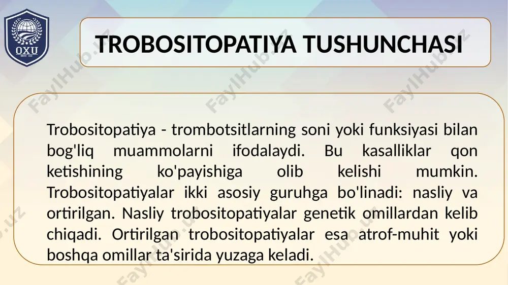 n ketishi trobositopatiyalar bemorning hayot sifatiga salbiy ta'sir ko'rsatishi mumkin. qon ketishining ko'payishi, jismoniy faoliyatni cheklashi va psixologik muammolarni keltirib chiqarishi mumkin. bemorlar o'z sog'lig'iga e'tibor berishlari va zaruriy tibbiy yordamni olishlari kerak. trobositopatiyalar bilan yashashni osonlashtirish uchun qo'shimcha yordam va resurslar mavjud. psixologik yordam ham muhimdir. trobositopatiyalar va hayot sifati nasliy trobositopatiyalar bilan bog'liq muammolarni oldini olish uchun genetik maslahat juda muhimdir. oila a'zolarining sog'lig'i va tarixini o'rganish, nasliy kasalliklar xavfini baholashda yordam beradi. genetik maslahat orqali oilaviy rejalashtirish va zaruriy tahlillarni o'tkazish mumkin. bu, o'z navbatida, nasliy trobositopatiyalar rivojlanishining oldini olishga yordam beradi. genetik maslahat orqali bemorlar o'z sog'lig'iga e'tibor berishlari mumkin. genetik maslahat trobositopatiyalar bilan shug'ullanuvchi insonlar sport faoliyatida ehtiyotkorlik bilan yondashishlari kerak. qon ketishi xavfi tufayli jismoniy faoliyatni cheklash zarur bo'lishi mumkin. sportchilar o'z holatini baholashlari va shifokor bilan maslahatlashishlari kerak. sport bilan shug'ullanishdan oldin zaruriy tahlillarni o'tkazish muhimdir. trobositopatiyalar va sport trobositopatiyalar bilan yashovchi bemorlar …