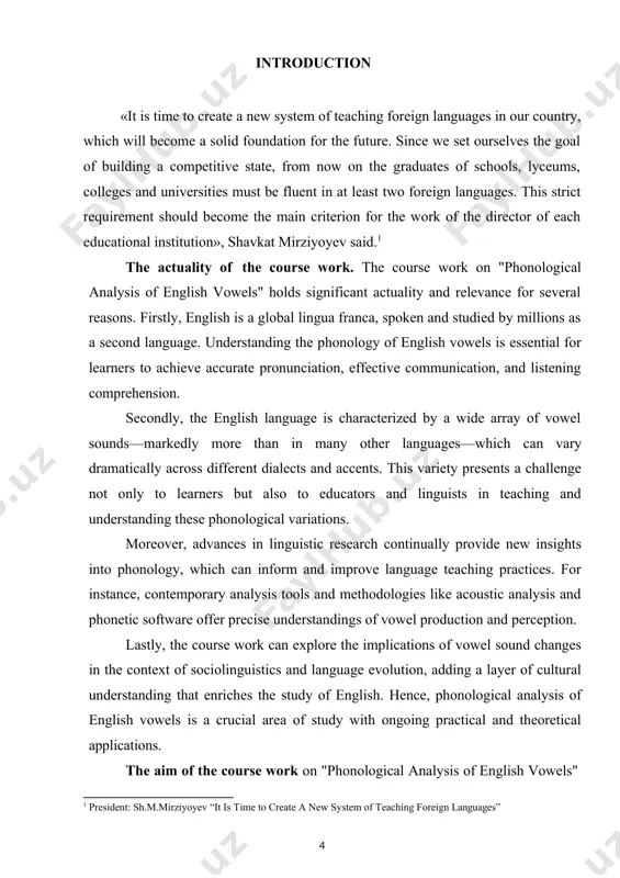 that learners face. this insight allows for more effective teaching strategies, tailored pronunciation drills, and clearer explanations, which can lead to improved learner outcomes in terms of accent reduction and intelligibility. in the realm of speech therapy, knowledge gained from the phonological analysis of english vowels is crucial. therapists can use this information to diagnose and treat speech disorders related to vowel articulation more effectively. understanding the fine details of vowel production enables therapists to develop targeted treatment plans that address specific phonological issues. additionally, the course work is valuable for linguists and language researchers, providing foundational knowledge essential for conducting advanced research in phonetics, phonology, and sociolinguistics. such research can lead to further insights into language variation, evolution, and learning. the structure of the course work. course work consists of introduction, main body, conclusion and bibliography. main body 1. theoretical foundations of english vowel phonology english vowel phonology is …