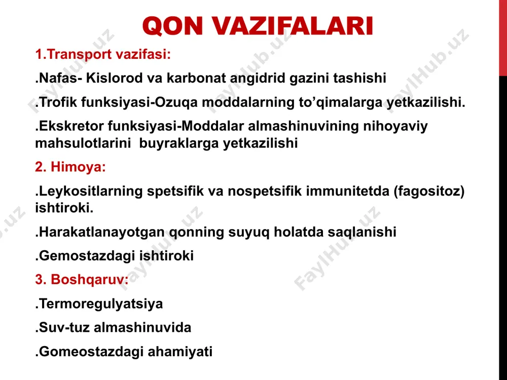 tarkibidagi biologik aktiv moddalarga bogliq. bu moddalarga kiradi -gistamin- qon-tomirlarni kengaytiradi -geparin- qon ivishiga qarshi modda -gealuron kislota-qon-tomirlar otkazuvchanligini oshiradi -trombotsitlarni faollashtiruvchi faktor -tromboksan -prostoglandinlar bazofillarning miqdori allergik reaksiyalarda va gijja invaziyasida va autoimmun kasalliklarda oshadi. eozinofillar 0-1% eozinofillar quyidagi asosiy vazifalarni bajaradi: -gijjaga qarshi immunitet yoki sitotoksik ta’sir; -antigenlarning qon oqimiga tushishiga to’sqinlik qiladi; -gistaminni parchalovchi gistaminaza fermentini ishlab chiqaradi; shuningdek bazofillardan ajraladigan granulalarni fagotsitoz qilish xususiyatiga ega eozinofillar allergik hollarda, gijja kasalliklarida ko’payadi. мonotsitlar 2 – 10 % mononuklear-fagotsitar tizimining markaziy qismi. monotsitlar qonda 70 soat aylanib yuradi. to’qimalarga migratsiyalanadi va makrofaglarni hosil qiladi. eng kuchli fagotsitoz xususiyatiga ega va bakteriotsid tasir qiladi. interleykenlarni ishlab chiqaradi. ular uchun xos: lizosomalarni miqdori maksimal bo’lishi va psevdopodiyalarni miqdori maksimal bo’lishi va psevdopodiylar hosil qilish makrofaglar spetsifik immunitetda ishtirok qiladi limfotsitlar 18 – 40% asosiy funksiyasi spetsifik immunitet reaksiyalarda ishtirok etadi limfotsitlarning т, b va o turlari farqlanadi: t-limfotsitlar hujayra immunitetini …