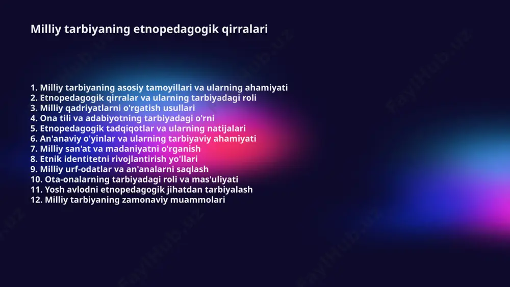 hlari zarur milliy qadriyatlarni o'rgatish usullari o'quvchilarga milliy an'analarni o'rgatishda mahalliy madaniyat va urf-odatlarga e'tibor berish muhimdir milliy an'analarni o'qitish o'quvchilarga milliy an'analarni o'rgatishda mahalliy madaniyat va urf-odatlarga e'tibor berish muhimdir tarixiy merosni o'rganish o'zbek tarixini, qadriyatlarini va ularning zamonaviy hayotdagi ahamiyatini tushuntirish orqali o'quvchilarda vatanparvarlik tuyg'usini rivojlantirish mumkin qadriyatlar haqida muhokama sinfdoshlar o'rtasida qadriyatlar ustida muhokama olib borish o'zaro bog'lanish va tushunishni kuchaytiradi matnning joylashuvi va o'lchami doirani // e'tibor bering: matnning joylashuvi va o'lchami doirani hisobga olgan holda moslashtirilgan ona tili va adabiyotning tarbiyadagi o'rni adabiyot va tarbiya adabiyot insonni ma'naviy va estetik jihatdan tarbiyalashda muhim rol o'ynaydi. u bolalarda empatiya va hissiy bag'rikenglikni rivojlantiradi. til va madaniyat aloqasi til va madaniyat bir-biriga chambarchas bog'liq. ona tili orqali milliy qadriyatlar va urf-odatlar avloddan-avlodga o'tadi. yoshlar orasida ona tilini rivojlantirish yoshlar orasida ona tilining o'rnini oshirish uchun adabiy asarlarni o'qish va muhokama qilish muhimdir. bu jarayon ularning fikrlash va …